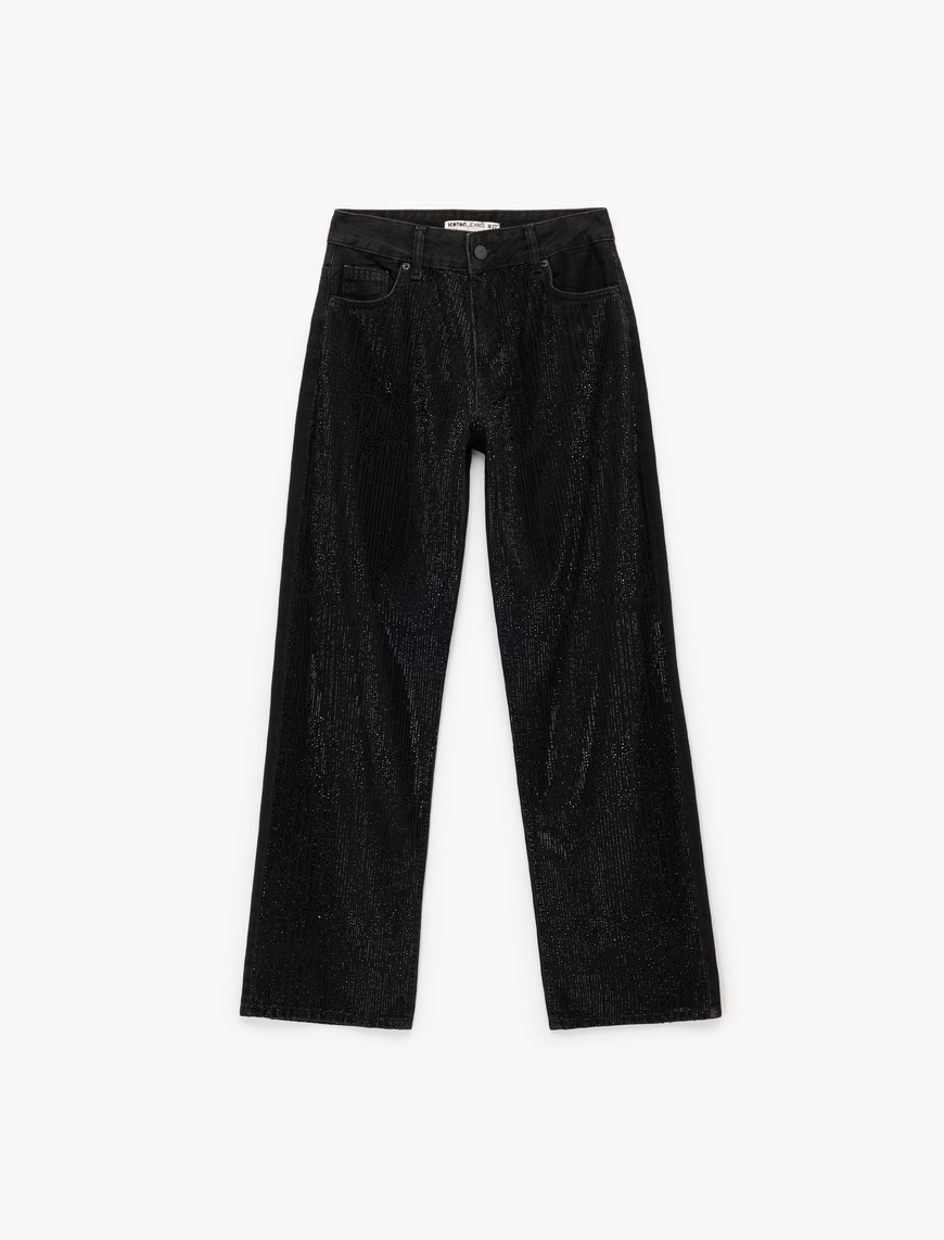   Yüksek Bel Taş Detaylı Düz Paça Jean Pantolon - Straight Fit Jean