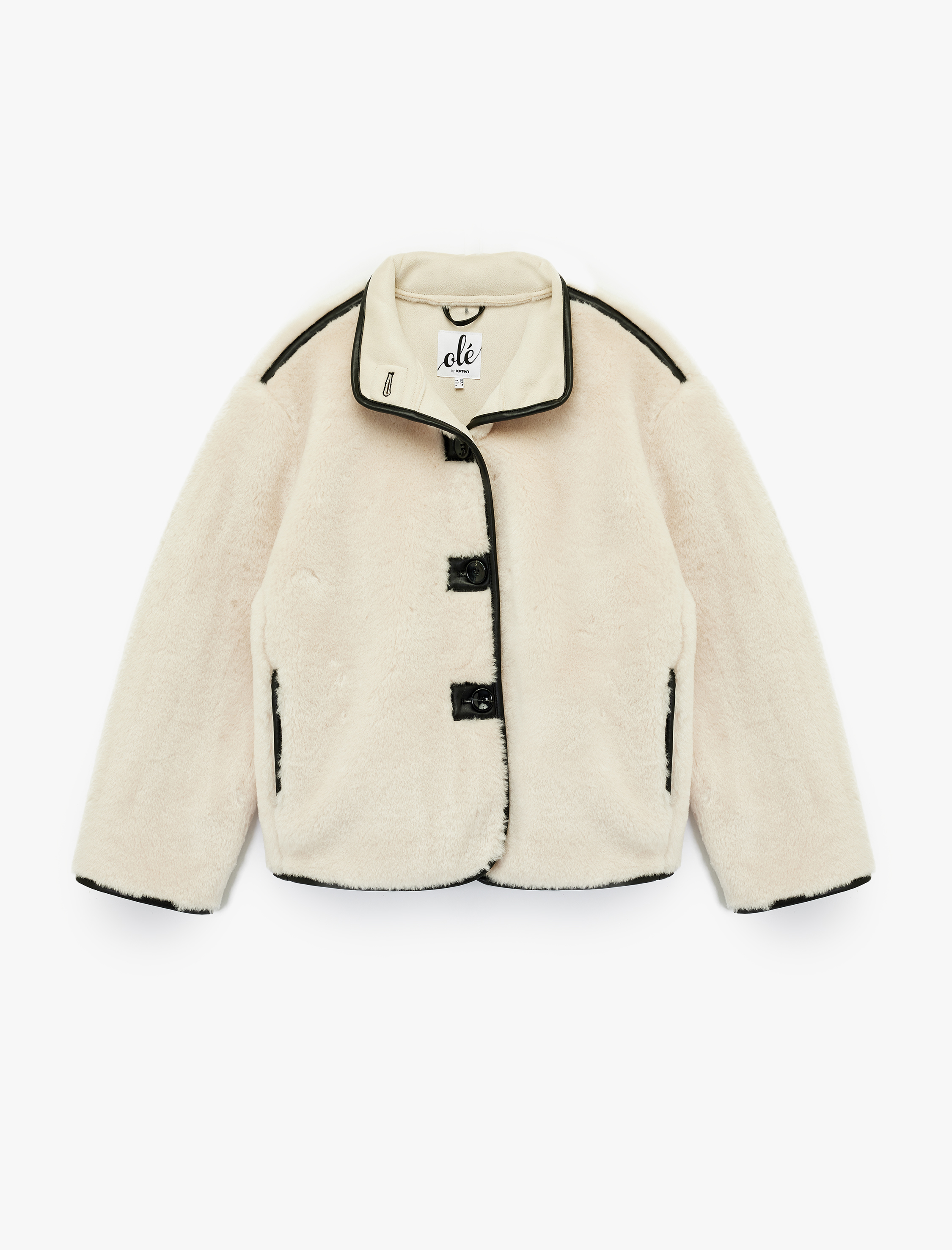   Dik Yaka Kaban Peluş Biye Detaylı Düğmeli Uzun Kollu