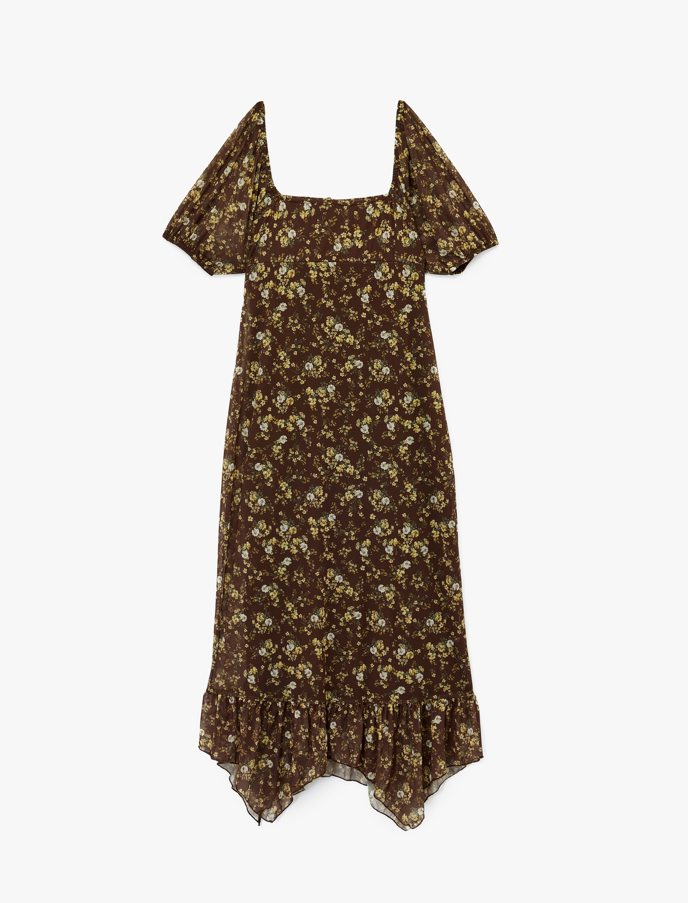   Asimetrik U Yaka Kısa Balon Kol Yırtmaçlı Bağcıklı Çiçekli Uzun Tül Elbise