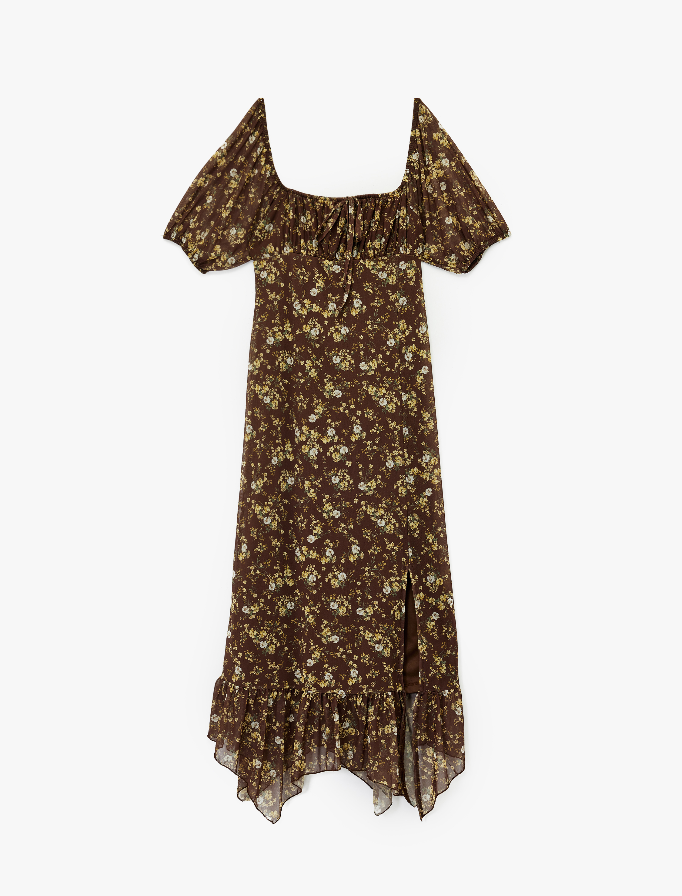   Asimetrik U Yaka Kısa Balon Kol Yırtmaçlı Bağcıklı Çiçekli Uzun Tül Elbise