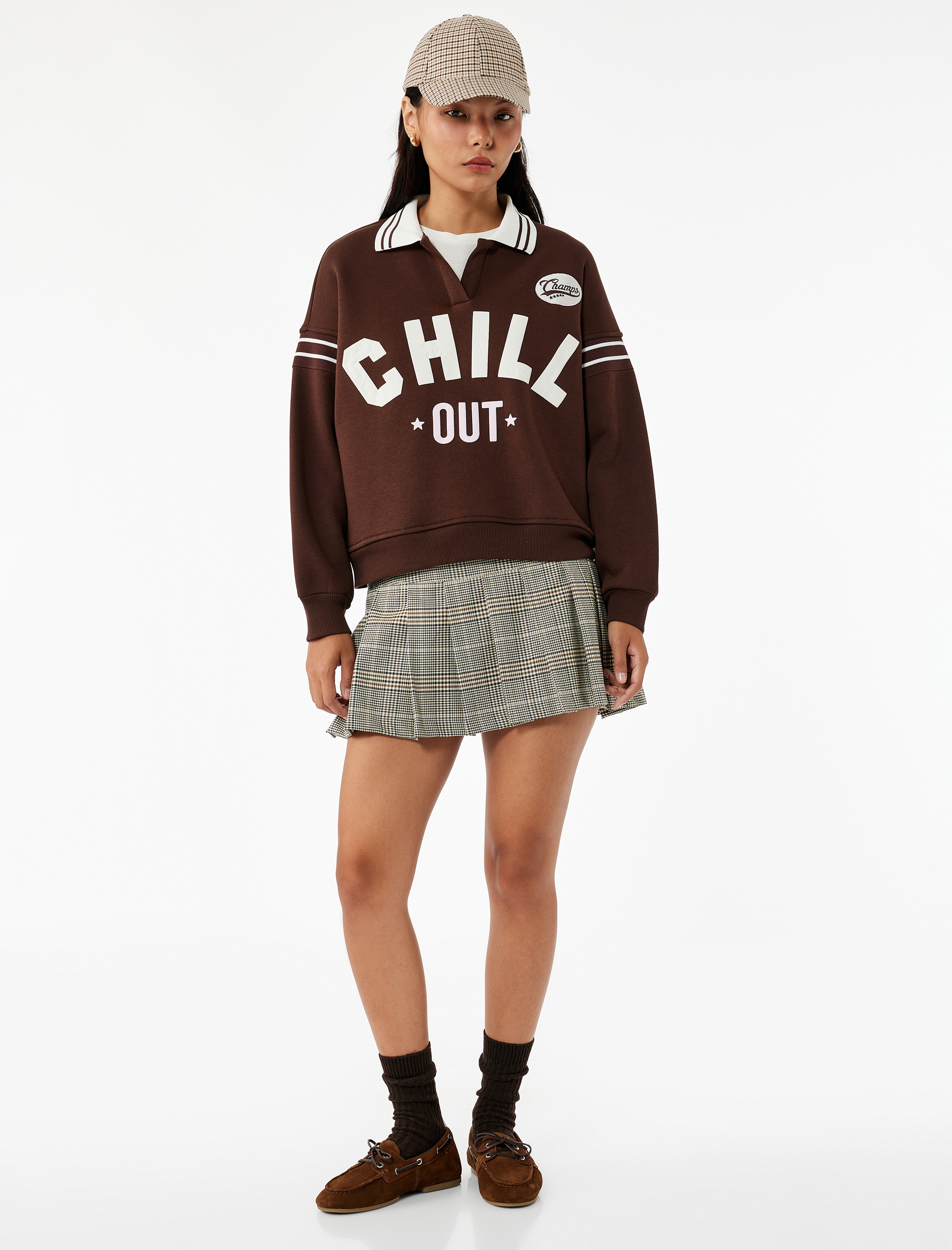   Üç İplik Şardonlu Uzun Kollu Baskılı Biyeli Oversize Polo Yaka Sweatshirt