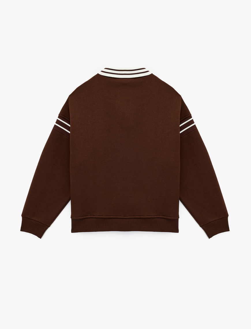  Üç İplik Şardonlu Uzun Kollu Baskılı Biyeli Oversize Polo Yaka Sweatshirt