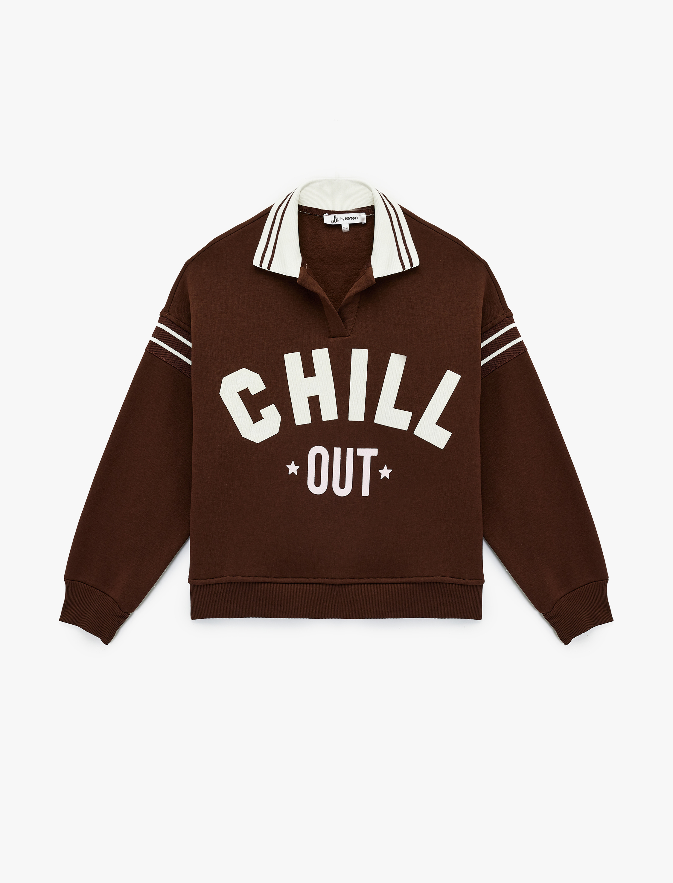   Üç İplik Şardonlu Uzun Kollu Baskılı Biyeli Oversize Polo Yaka Sweatshirt