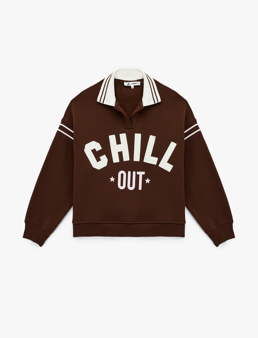  Üç İplik Şardonlu Uzun Kollu Baskılı Biyeli Oversize Polo Yaka Sweatshirt