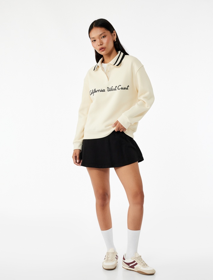  Uzun Kollu Düğmeli Nakışlı Şardonlu Oversize Polo Yaka Sweatshirt
