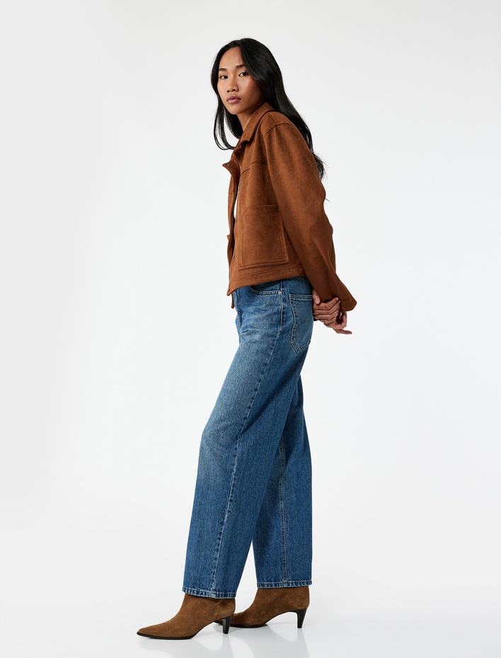  Pamuklu Bol Kalıp Düğmeli Cep Detaylı Baggy Jean Pantolon - Baggy Jeans