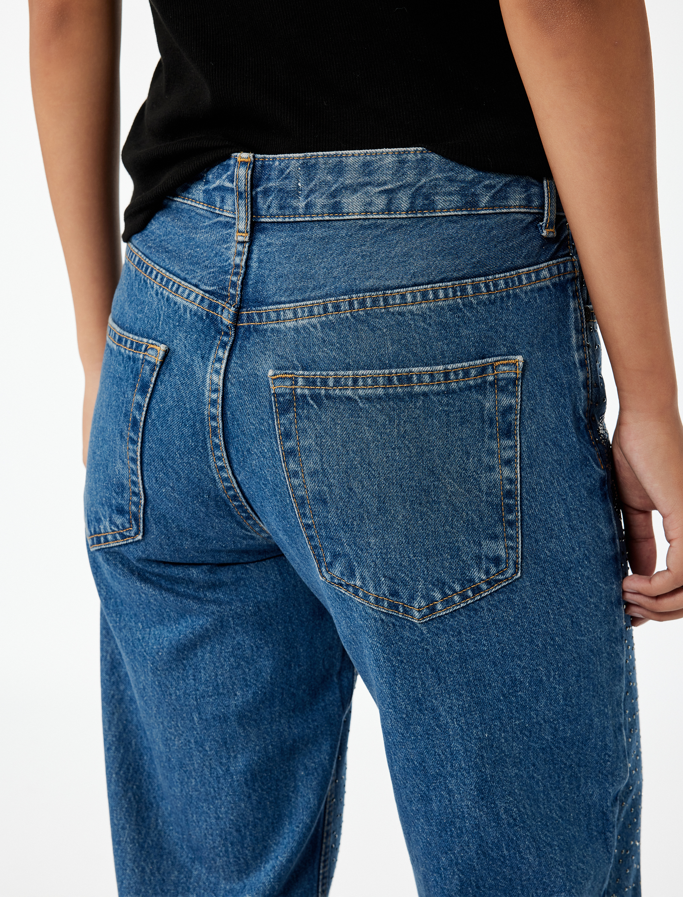   Normal Bel Düz Paça Düğmeli Çiçekli Taşlı Jean Pantolon - Straight Jeans