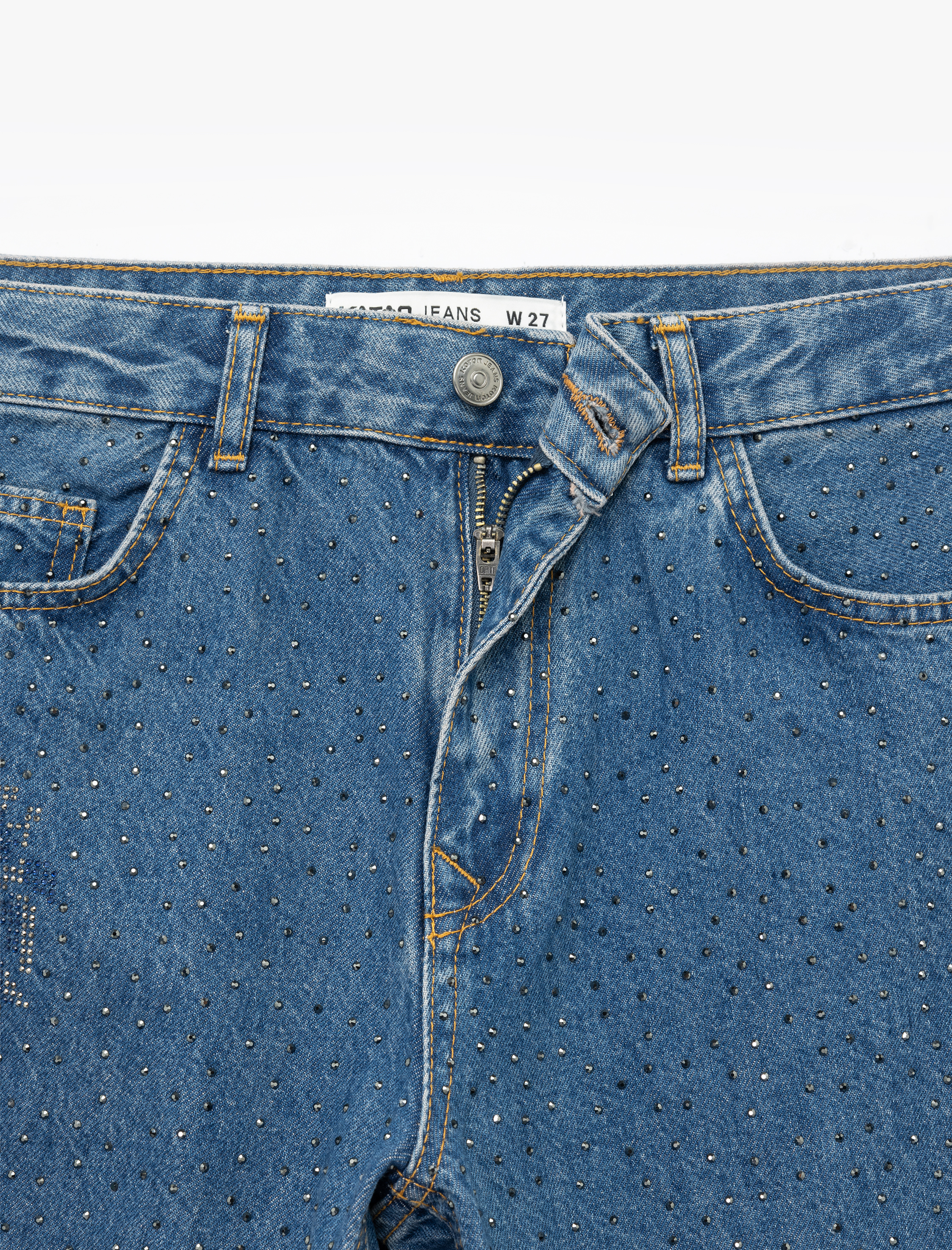   Normal Bel Düz Paça Düğmeli Çiçekli Taşlı Jean Pantolon - Straight Jeans