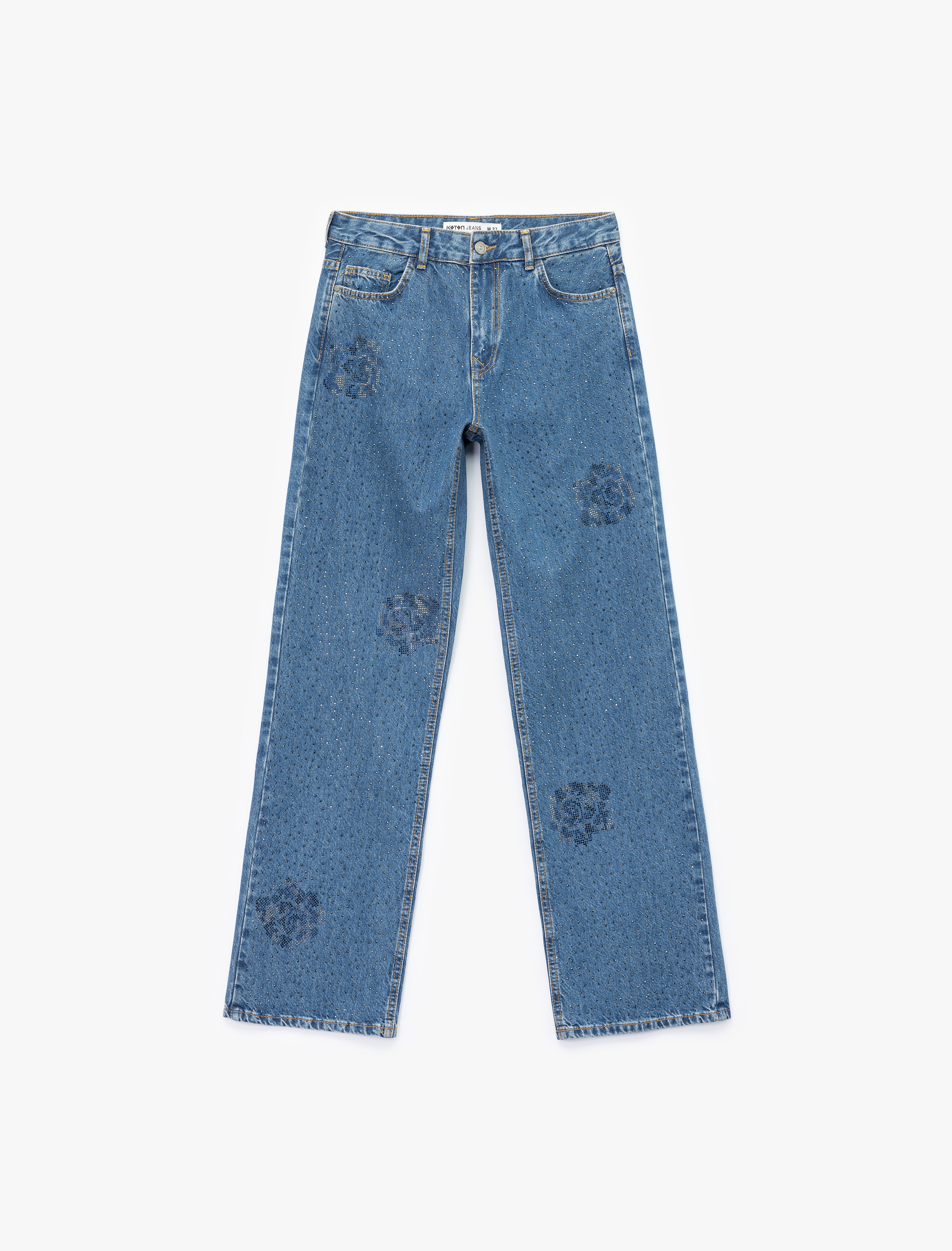   Normal Bel Düz Paça Düğmeli Çiçekli Taşlı Jean Pantolon - Straight Jeans