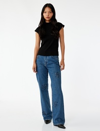 Normal Bel Düz Paça Düğmeli Çiçekli Taşlı Jean Pantolon - Straight Jeans
