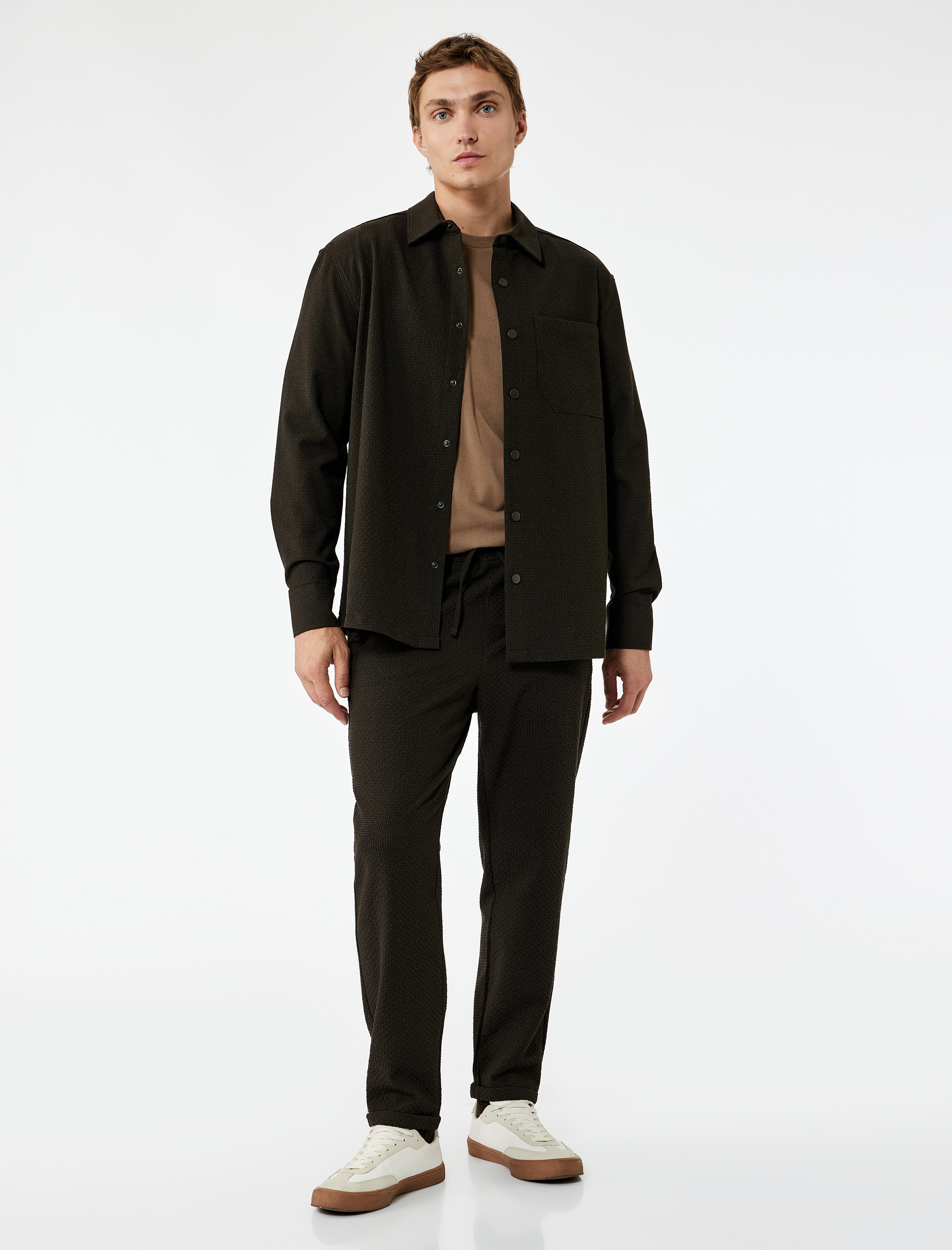   Viskon Karışımlı Cep Detaylı Dokulu Beli Bağcıklı Pantolon