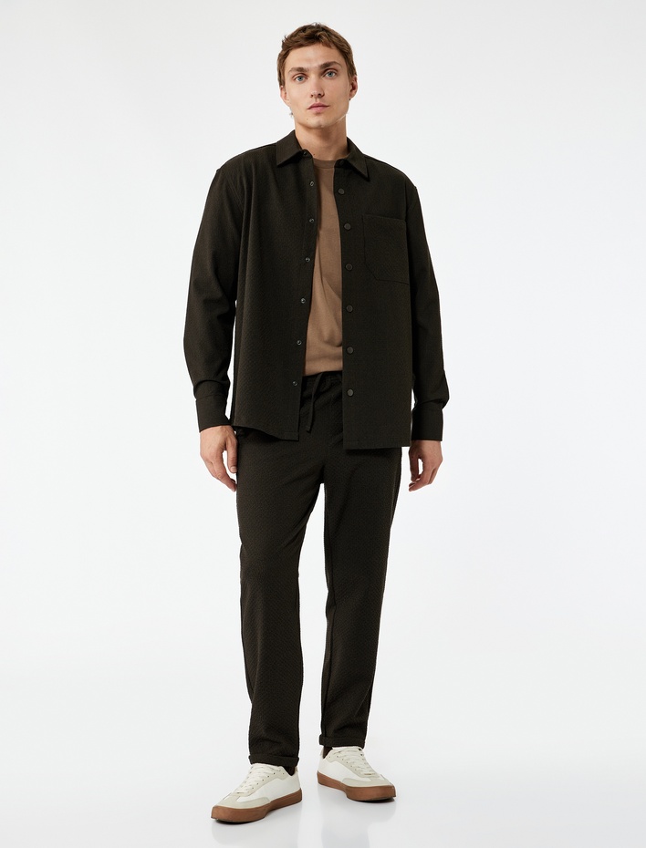  Viskon Karışımlı Cep Detaylı Dokulu Beli Bağcıklı Pantolon