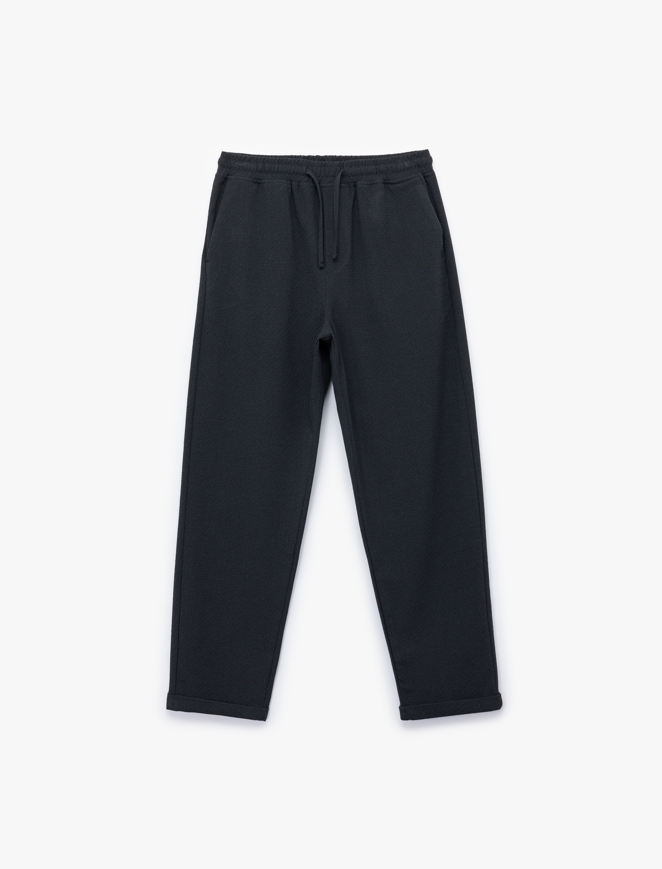 Viskon Karışımlı Cep Detaylı Dokulu Beli Bağcıklı Pantolon