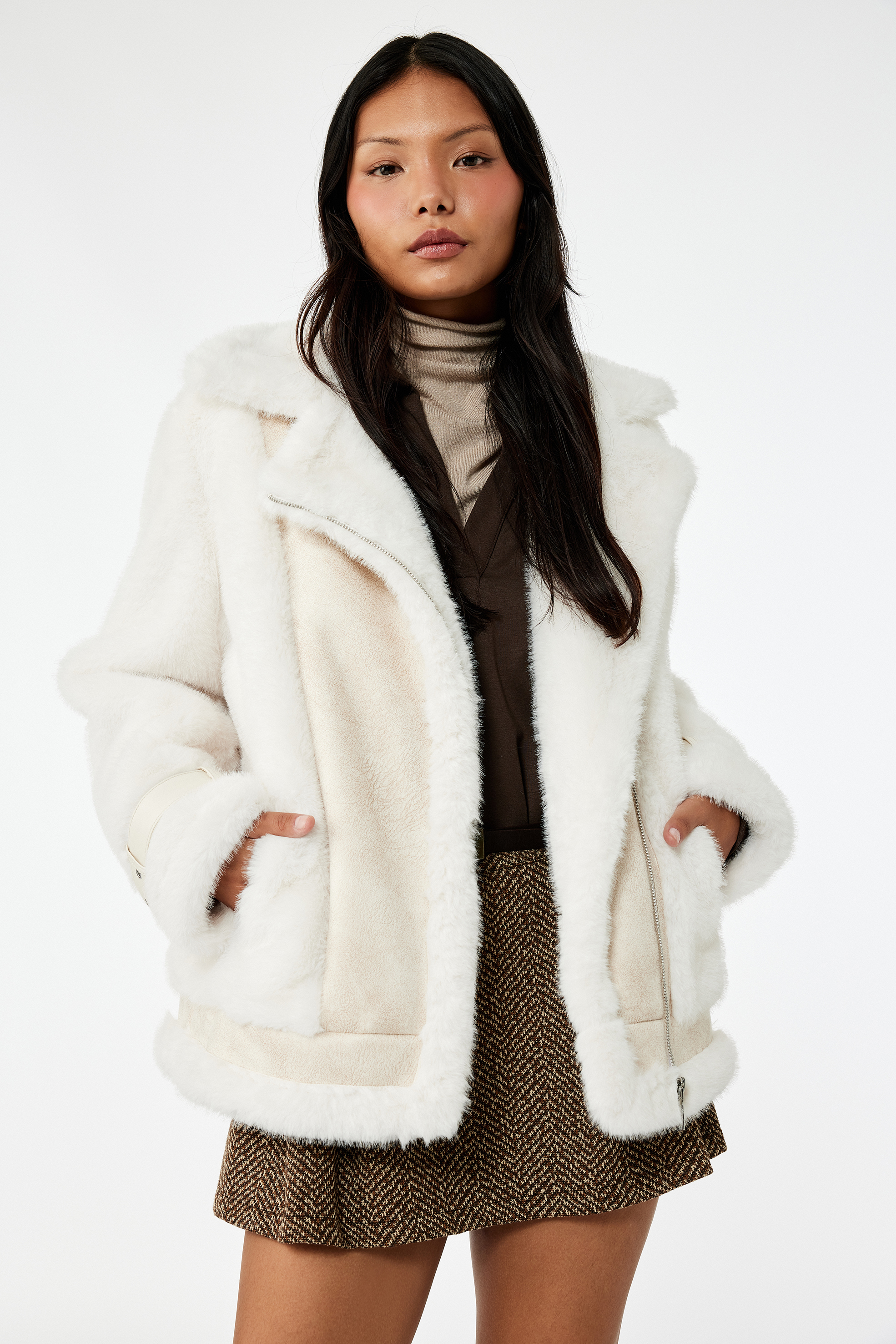   Fermuarlı Süet Görünümlü Suni Kürk Biker Ceket