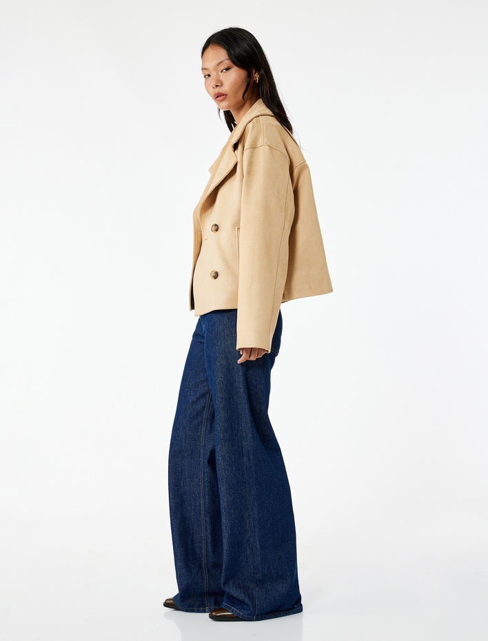  Kruvaze Yaka Düğmeli Cep Detaylı Uzun Kollu Suni Süet Ceket