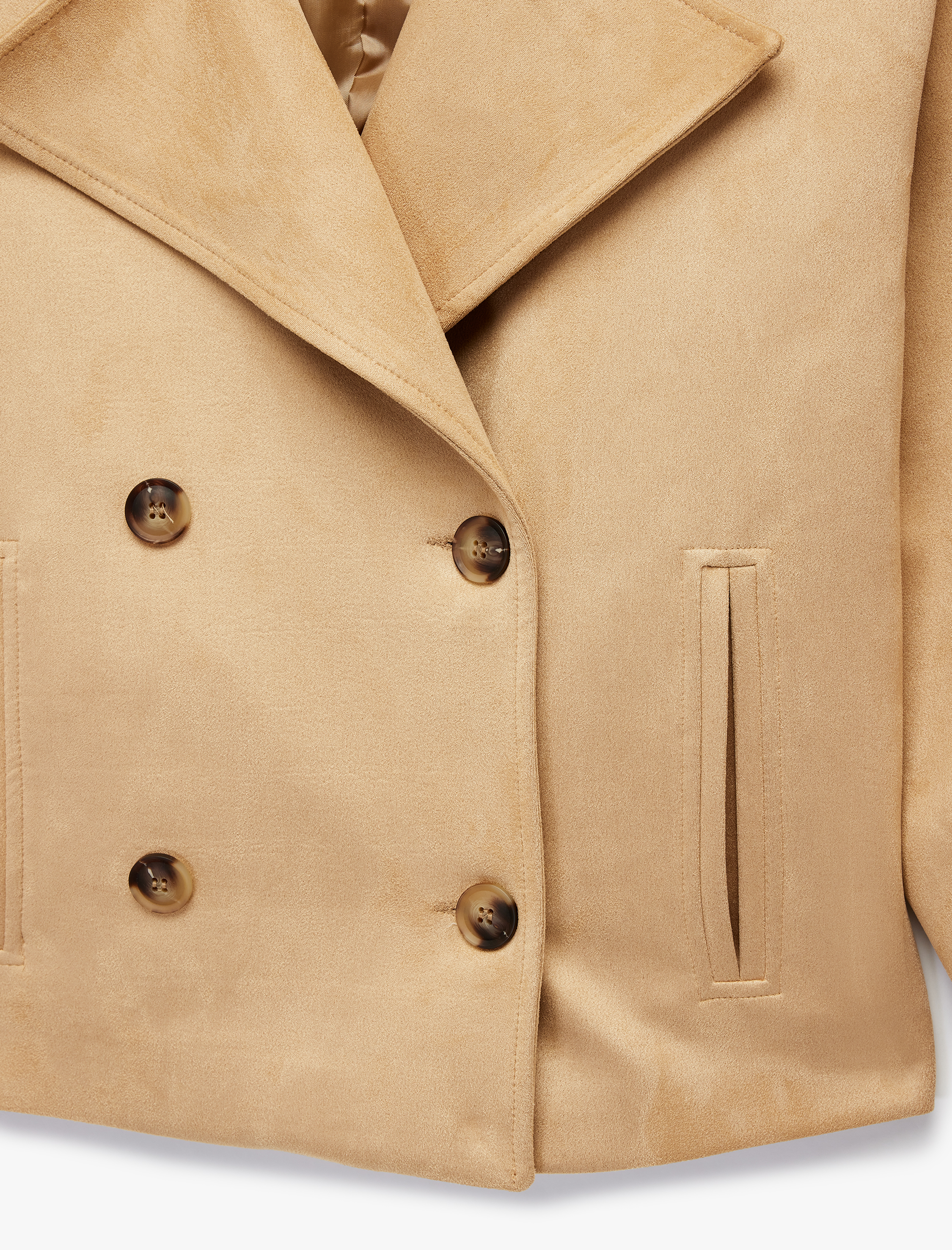   Kruvaze Yaka Düğmeli Cep Detaylı Uzun Kollu Suni Süet Ceket