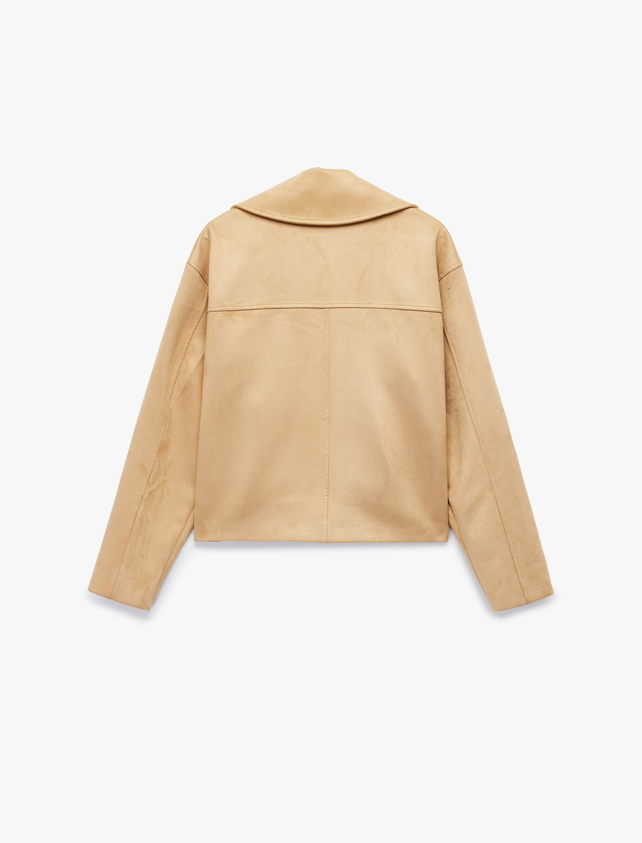   Kruvaze Yaka Düğmeli Cep Detaylı Uzun Kollu Suni Süet Ceket