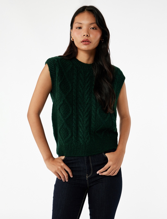  Saç Örgüsü Dokulu Kolsuz Bisiklet Yaka Triko Süveter