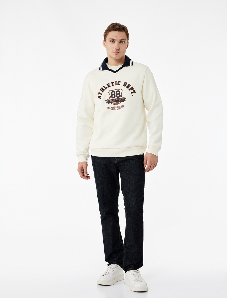   Renk Kontrastlı Polo Yaka Uzun Kollu Kolej Baskılı Sweatshirt