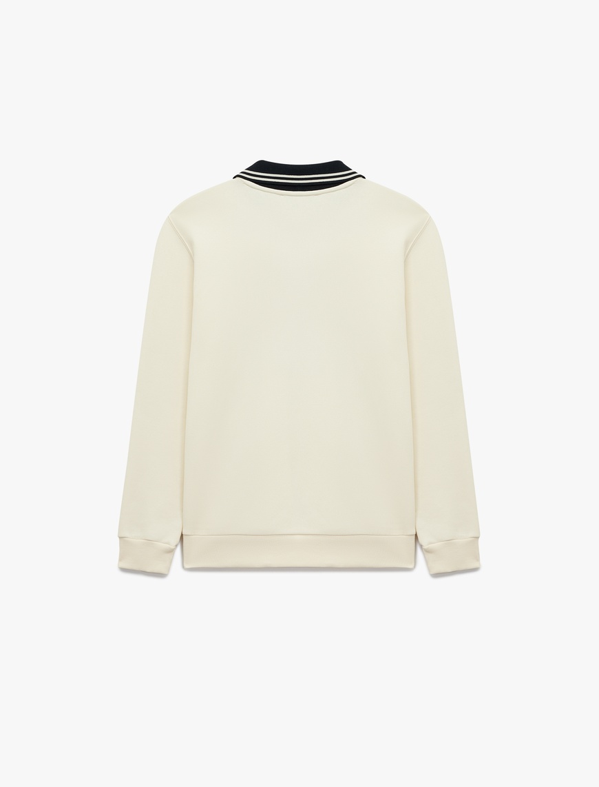   Renk Kontrastlı Polo Yaka Uzun Kollu Kolej Baskılı Sweatshirt