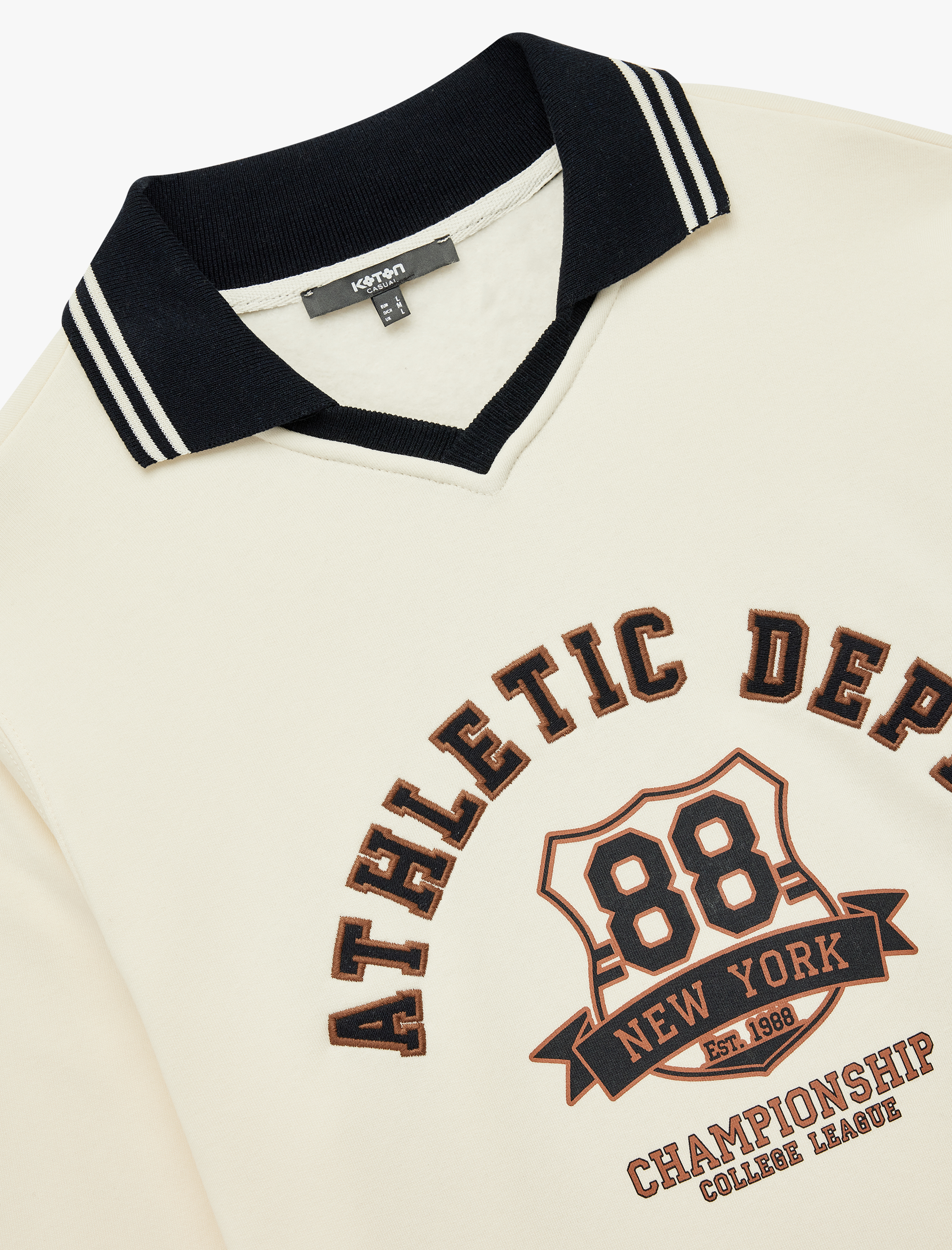   Renk Kontrastlı Polo Yaka Uzun Kollu Kolej Baskılı Sweatshirt