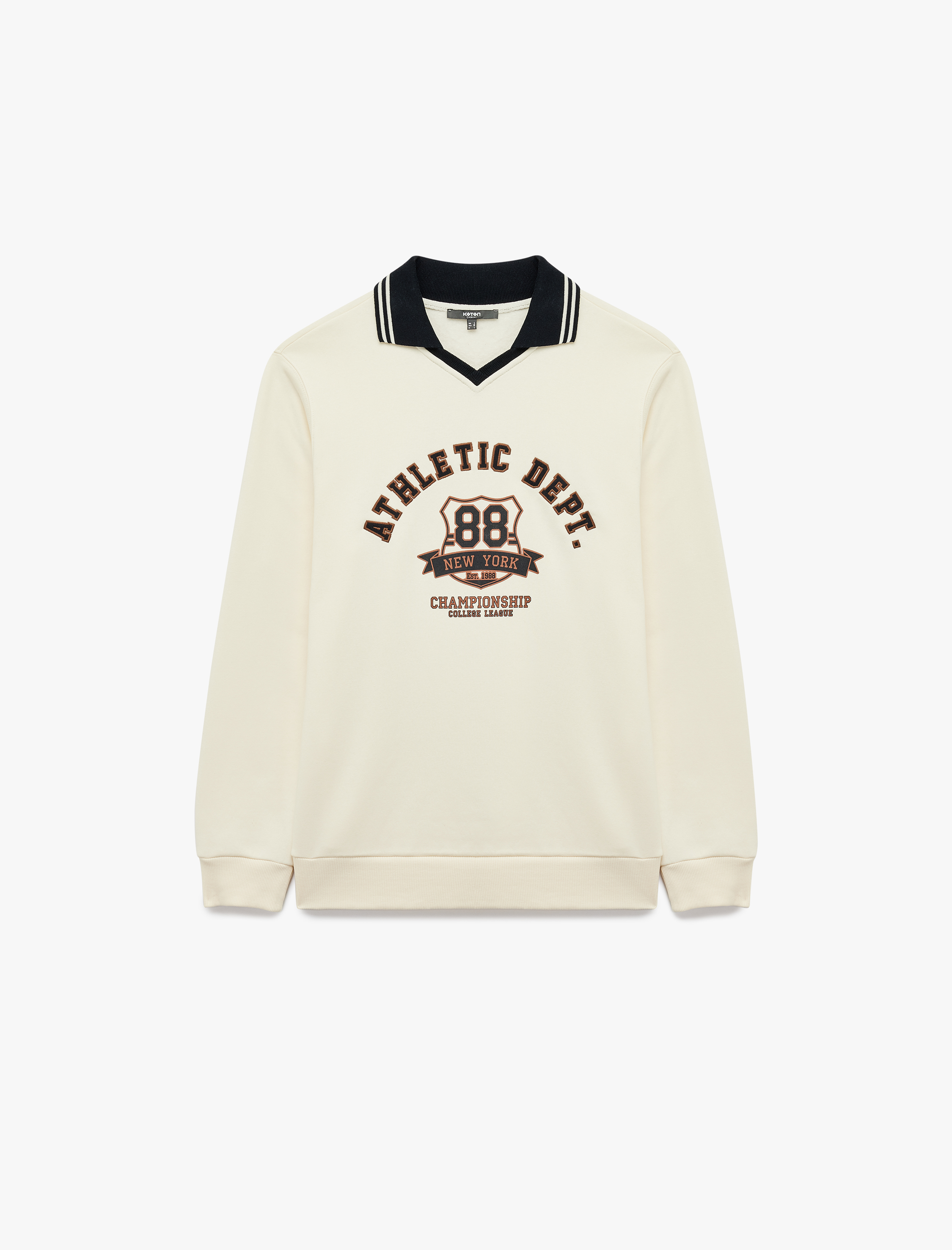   Renk Kontrastlı Polo Yaka Uzun Kollu Kolej Baskılı Sweatshirt