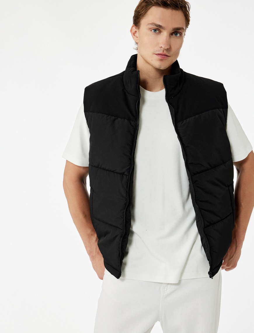   Fermuarlı Cep Detaylı Slim Fit Dik Yaka Kolsuz Şişme Yelek