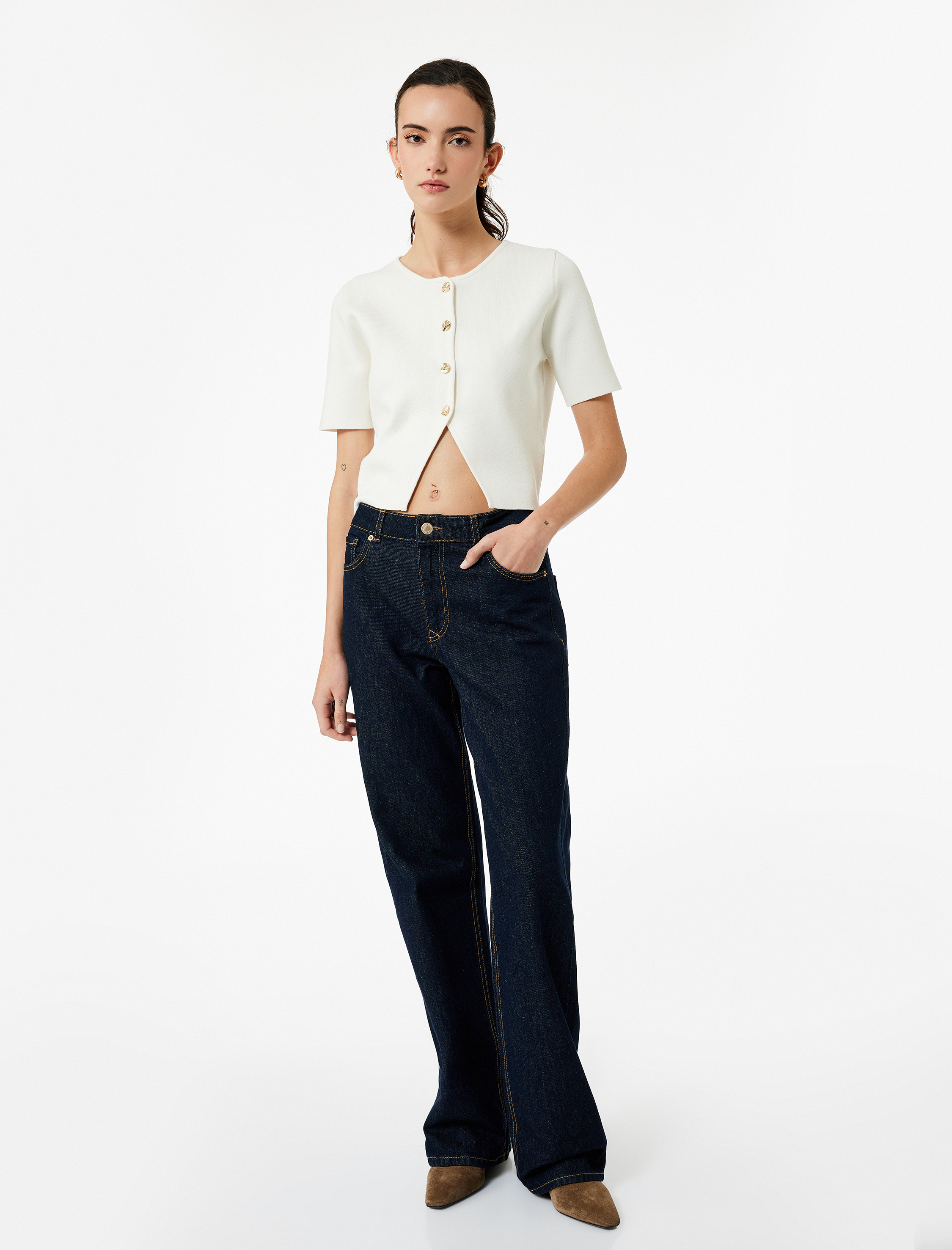   Asimetrik Kısa Kollu Bisiklet Yaka Düğmeli Hırka