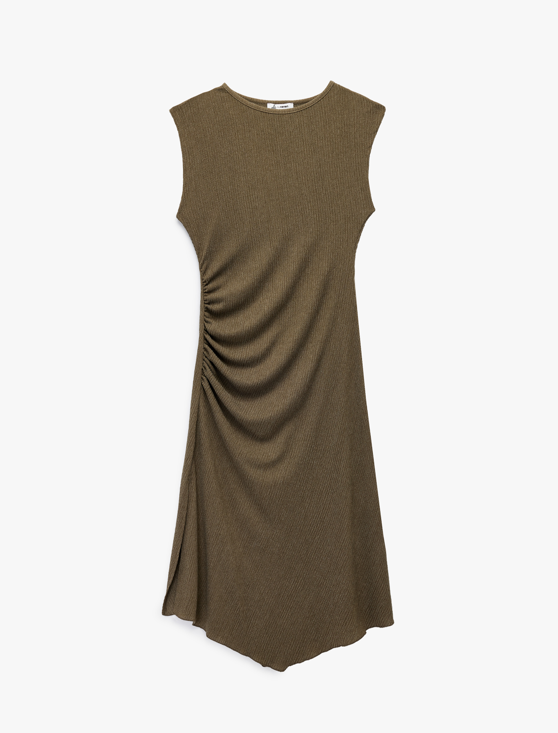   Kolsuz Bisiklet Yaka Asimetrik Bürümcük Drapeli Midi Elbise