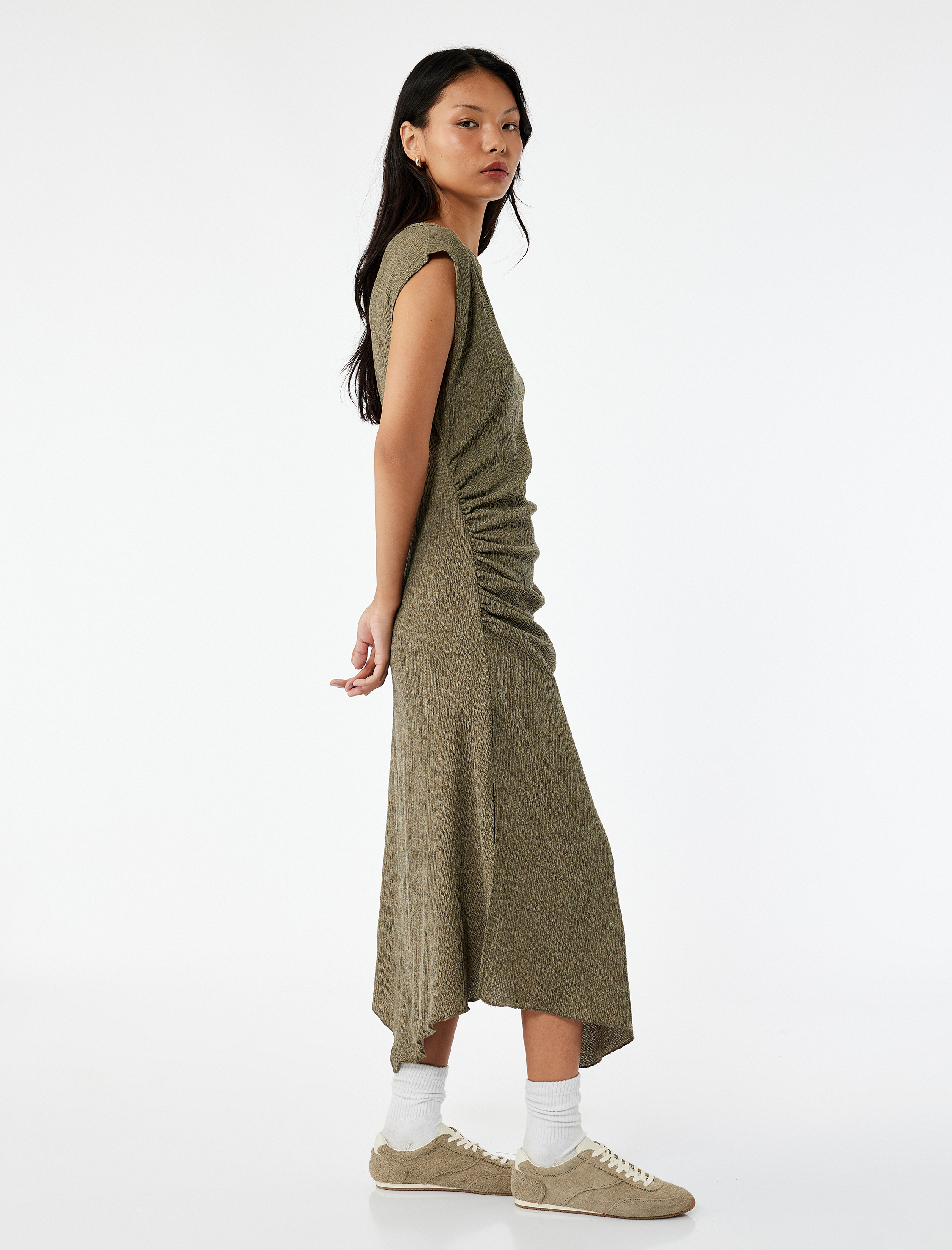   Kolsuz Bisiklet Yaka Asimetrik Bürümcük Drapeli Midi Elbise