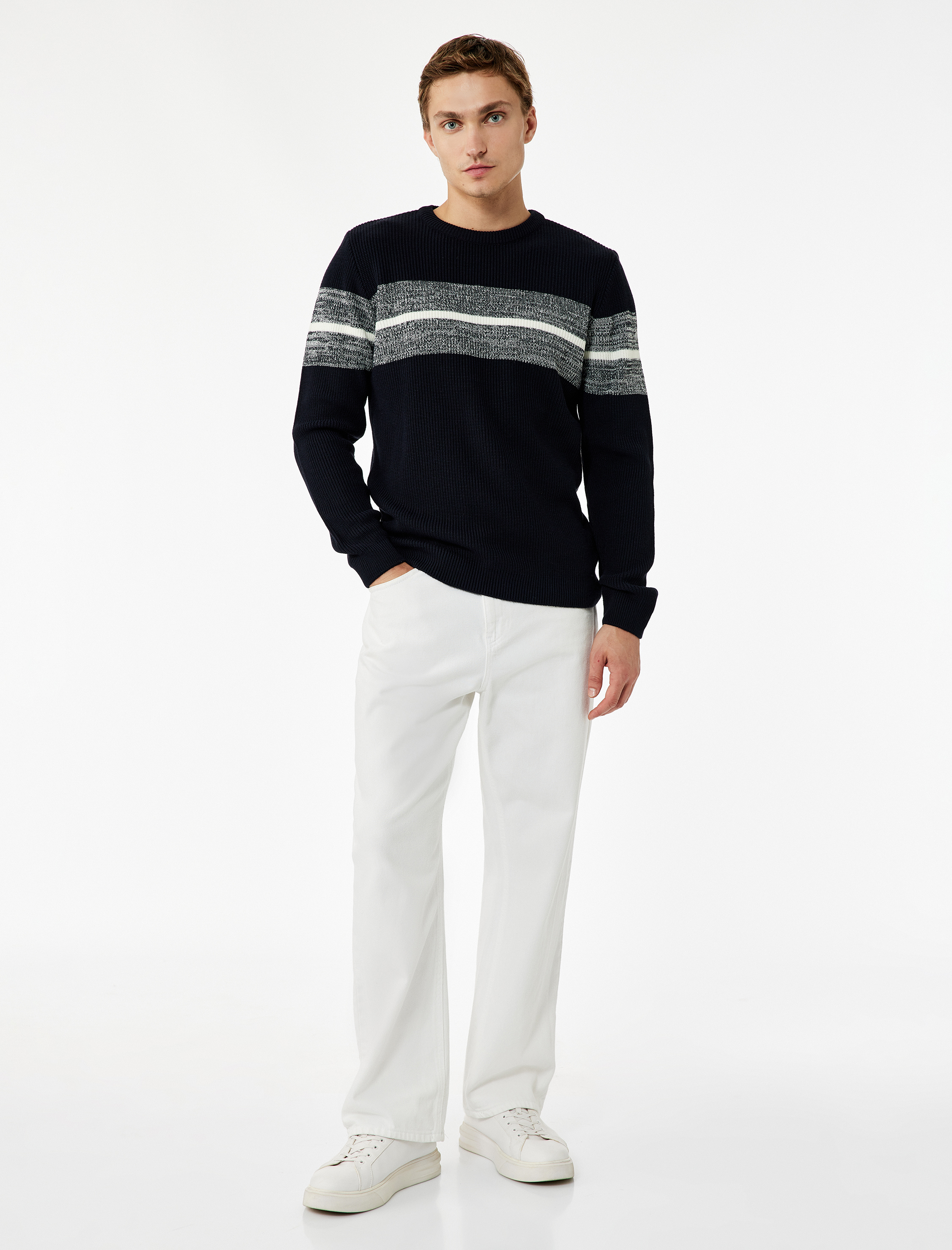   Uzun Kollu Çizgi Detaylı Bisiklet Yaka Kışlık Triko Kazak