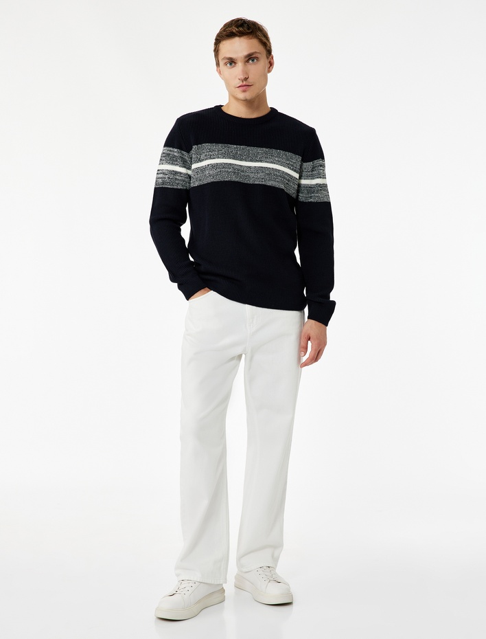  Uzun Kollu Çizgi Detaylı Bisiklet Yaka Triko Kazak