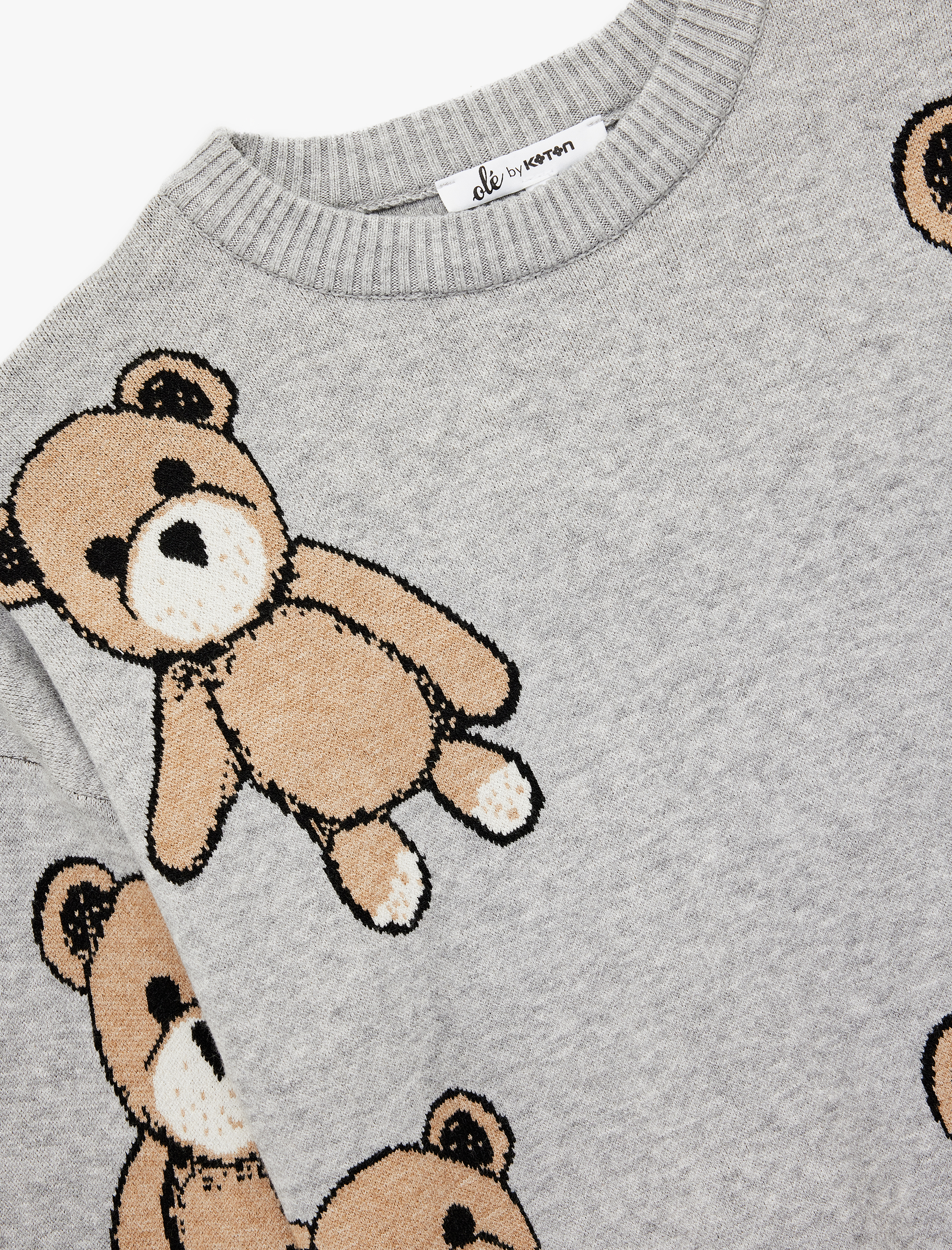   Viskon Karışımlı Uzun Kollu Bisiklet Yaka Ayıcık Desenli Triko Kazak