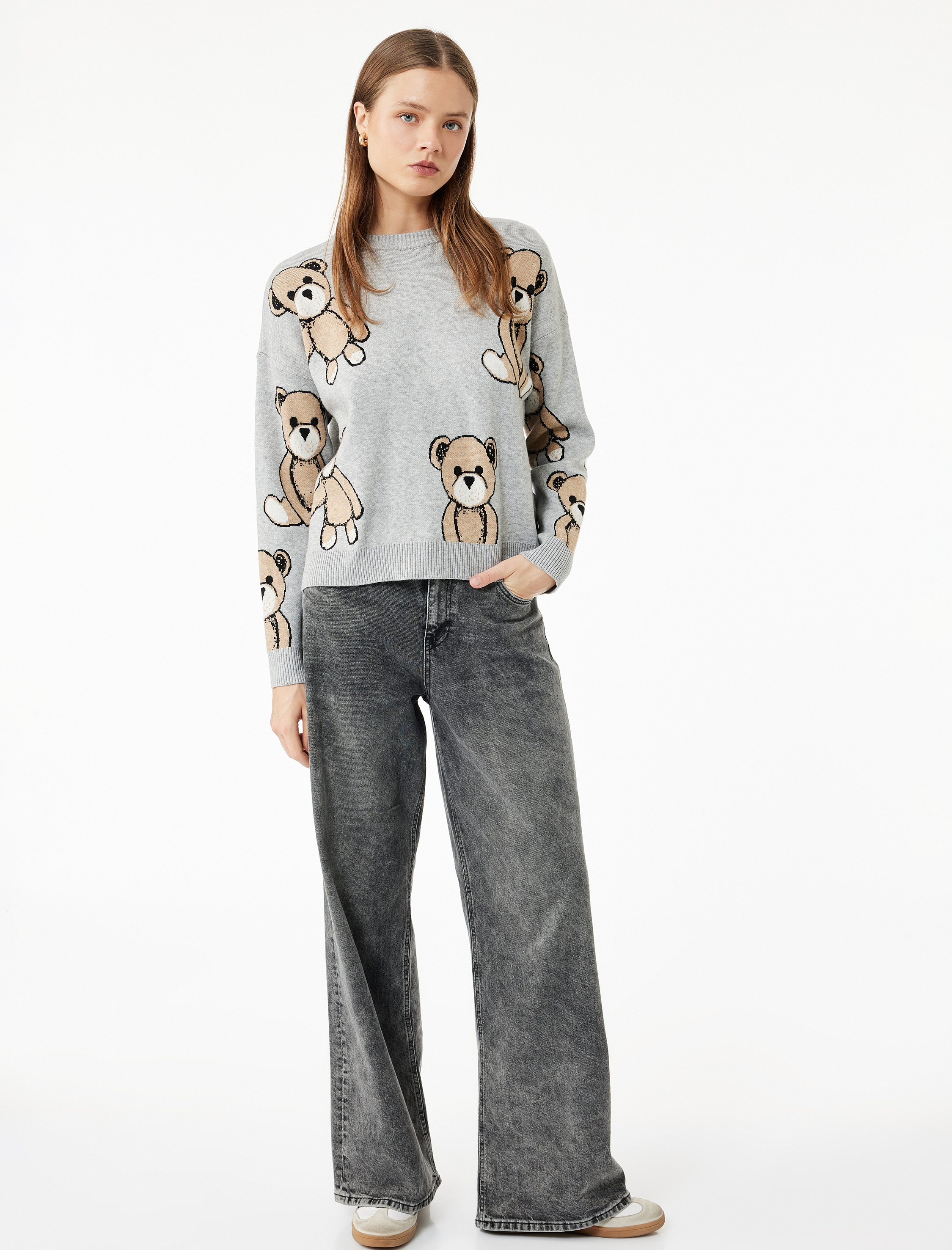   Viskon Karışımlı Uzun Kollu Bisiklet Yaka Ayıcık Desenli Triko Kazak