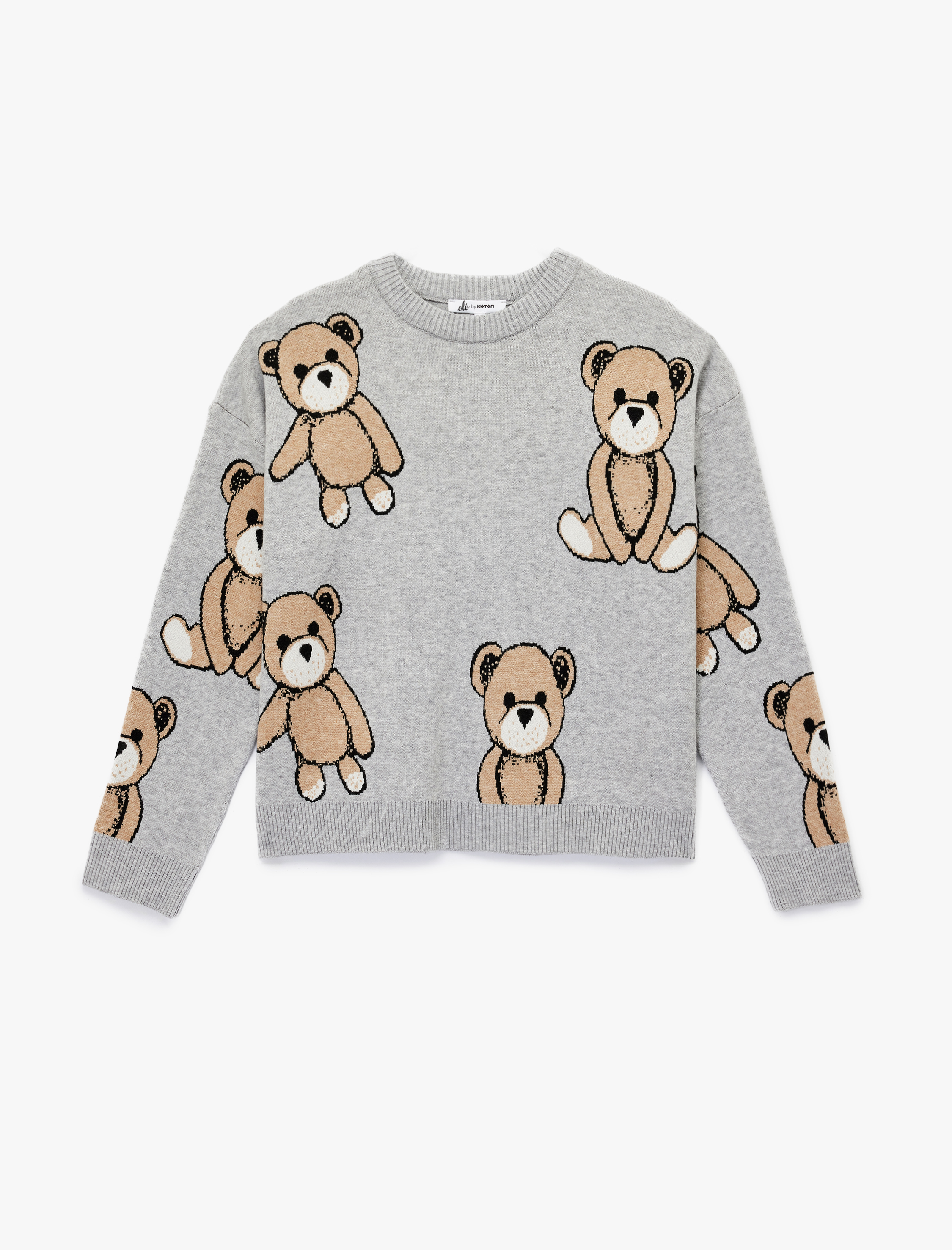   Viskon Karışımlı Uzun Kollu Bisiklet Yaka Ayıcık Desenli Triko Kazak