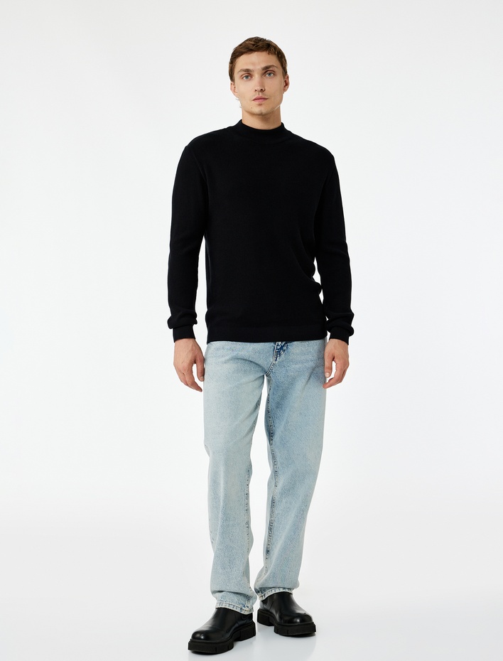  Regular Fit Uzun Kollu Dokulu Pamuklu Dik Yaka Kışlık Triko Kazak