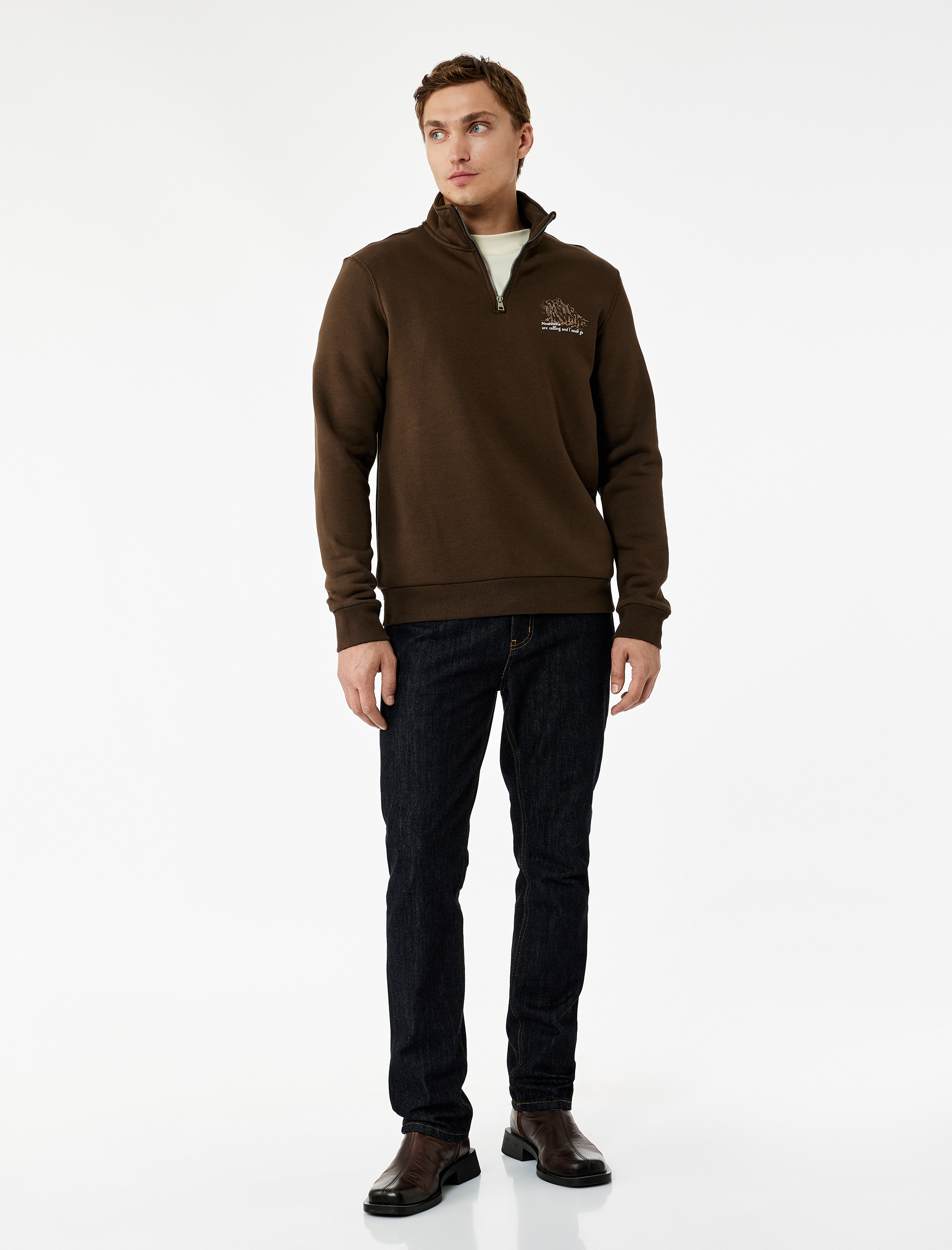   Şardonlu Uzun Kollu Baskılı Yarım Fermuarlı Sweatshirt