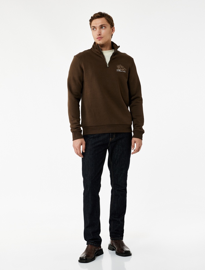  Şardonlu Uzun Kollu Baskılı Yarım Fermuarlı Sweatshirt