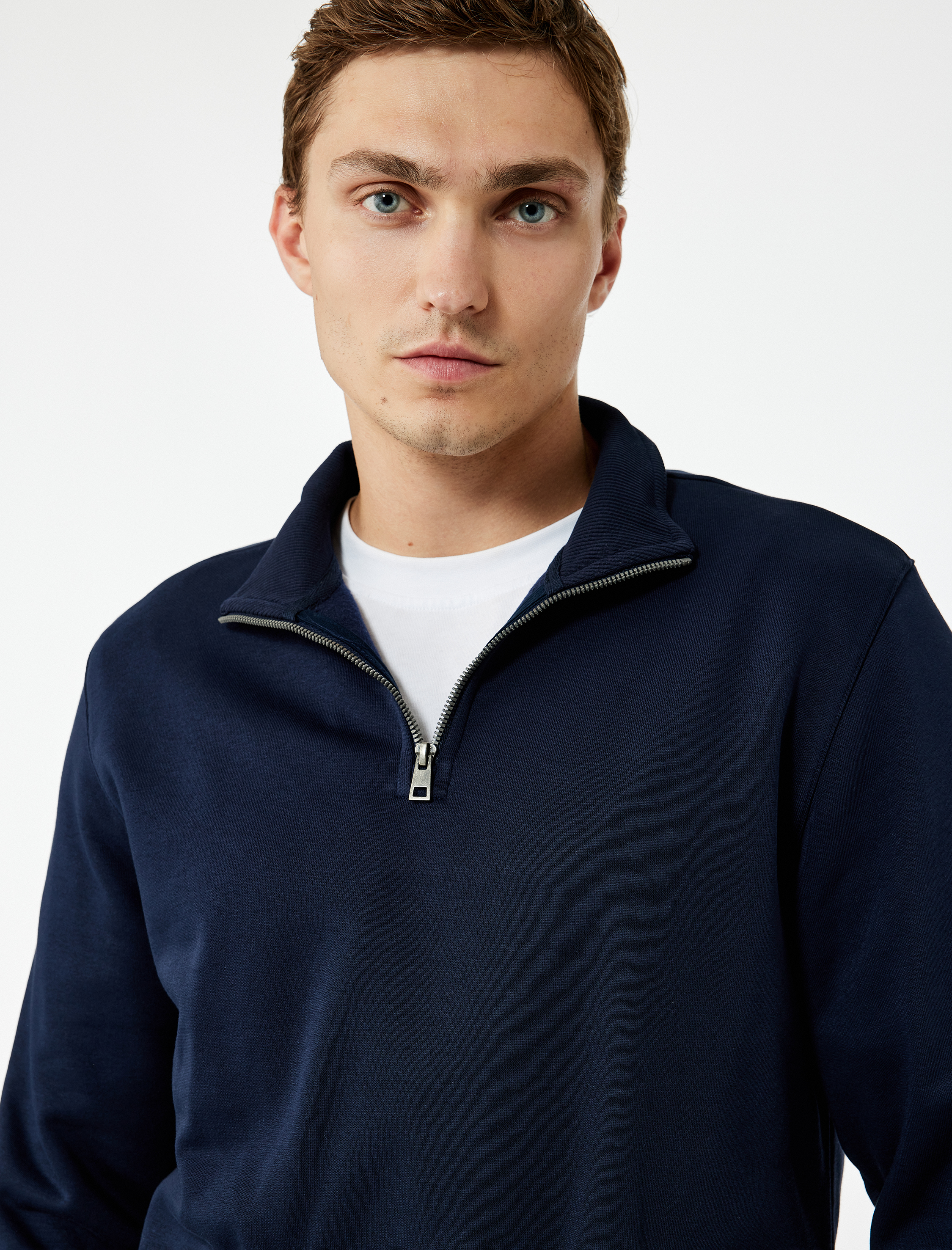   Uzun Kollu Şardonlu Basic Yarım Fermuarlı Sweatshirt