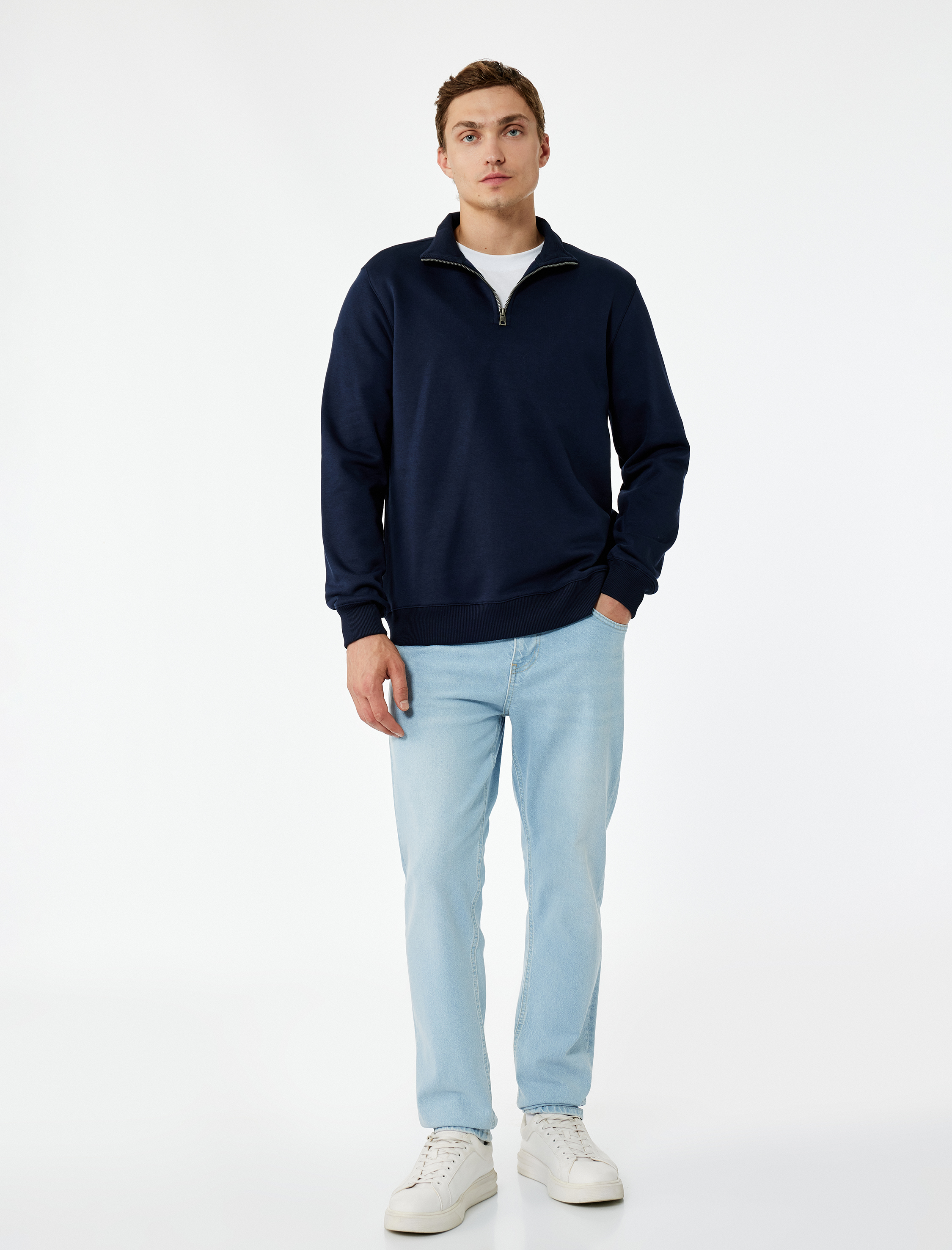   Uzun Kollu Şardonlu Basic Yarım Fermuarlı Sweatshirt