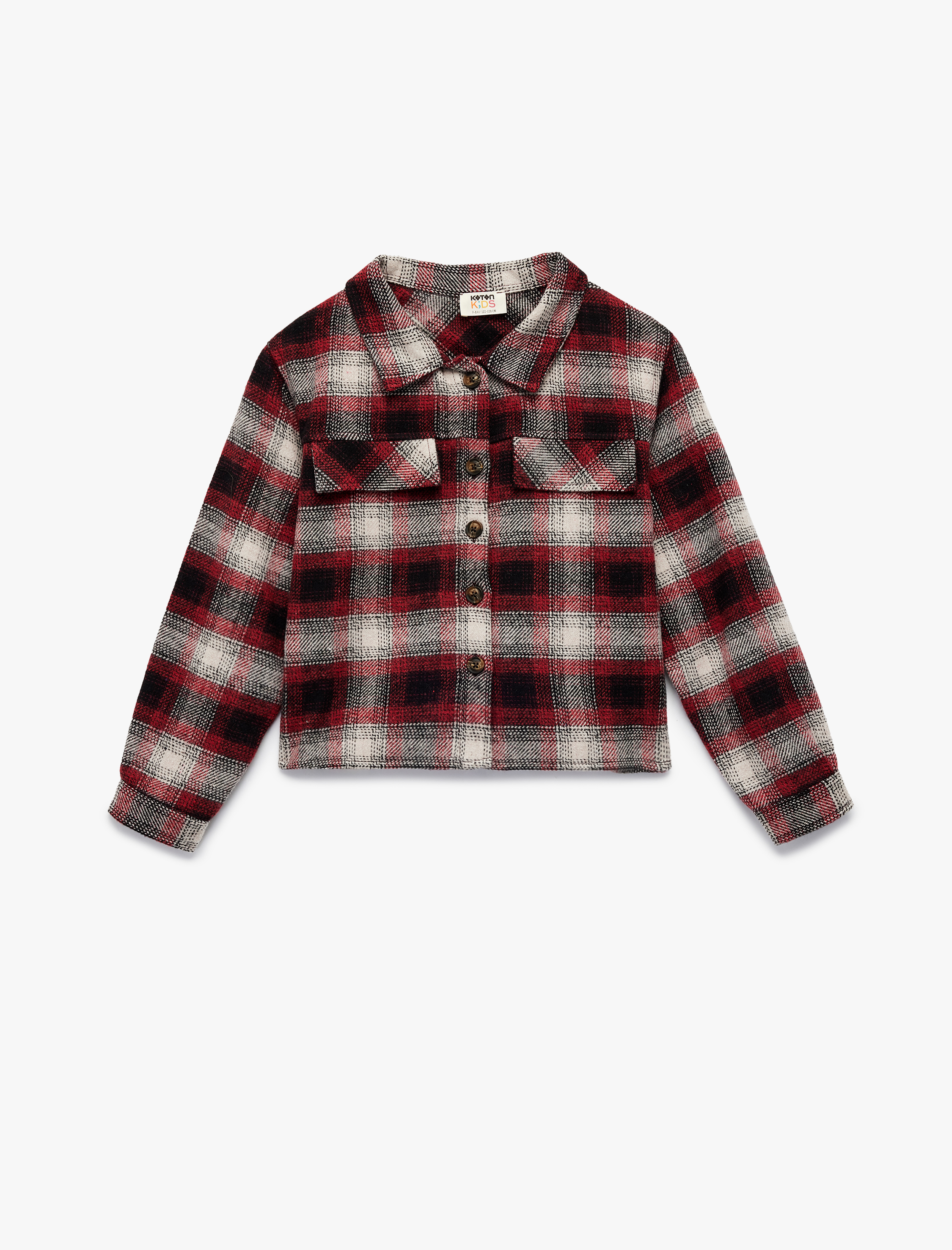  Kız Çocuk Uzun Kollu Düğmeli Kapaklı Cep Detaylı Ekoseli Oduncu Gömlek