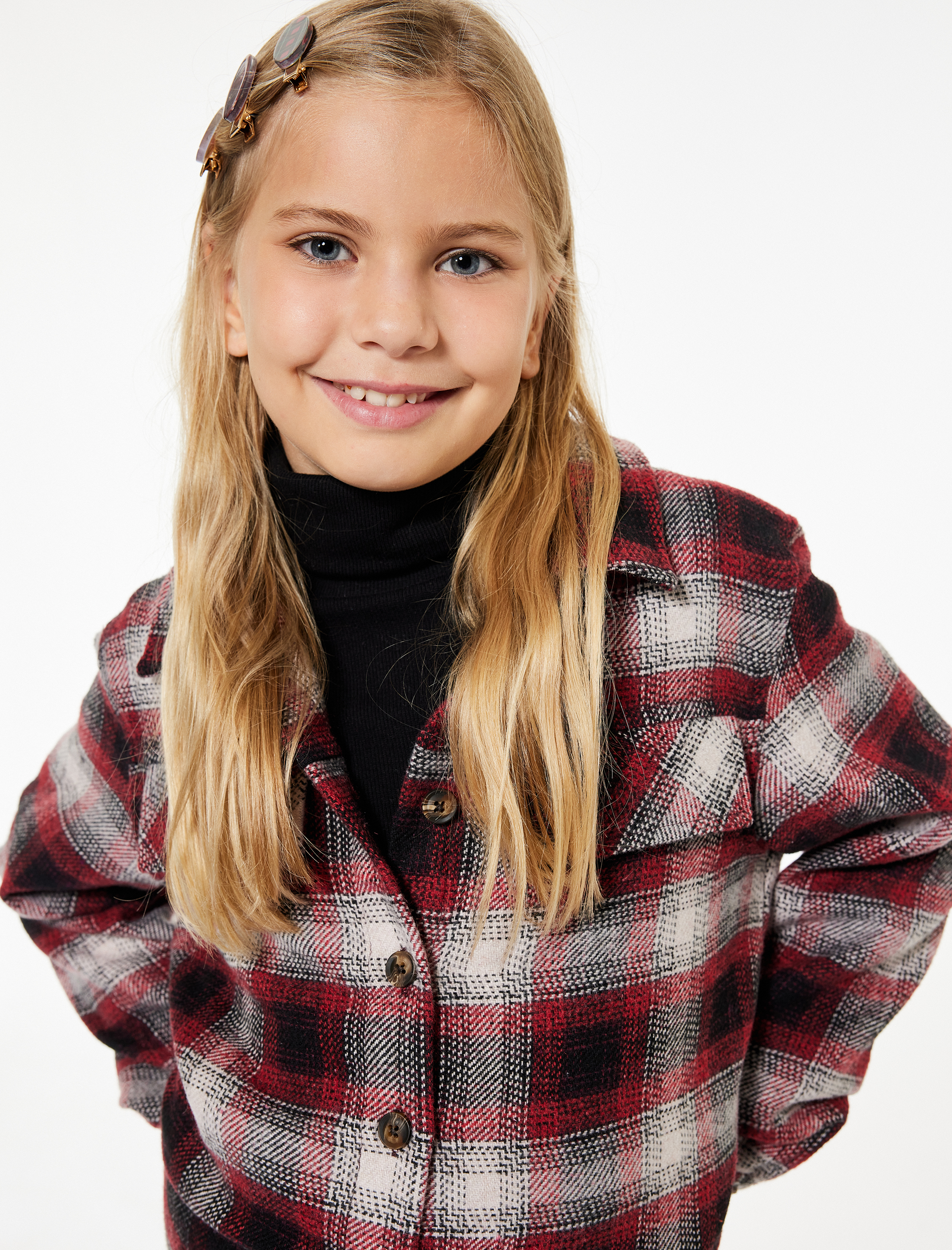  Kız Çocuk Uzun Kollu Düğmeli Kapaklı Cep Detaylı Ekoseli Oduncu Gömlek