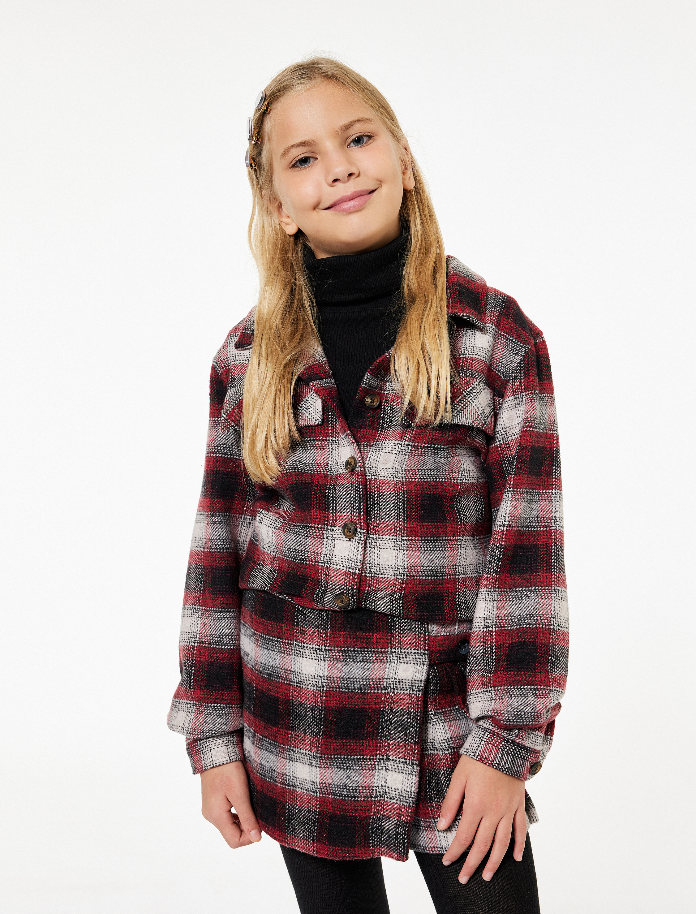  Kız Çocuk Uzun Kollu Düğmeli Kapaklı Cep Detaylı Ekoseli Oduncu Gömlek