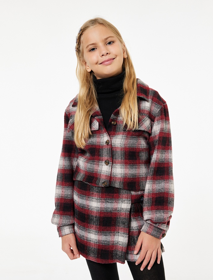 Kız Çocuk Uzun Kollu Düğmeli Kapaklı Cep Detaylı Ekoseli Oduncu Gömlek