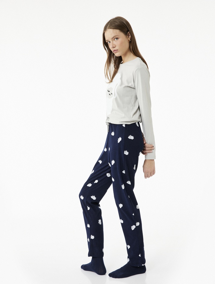  Pamuklu Kuzu Baskılı Uzun Kollu Pijama Takımı