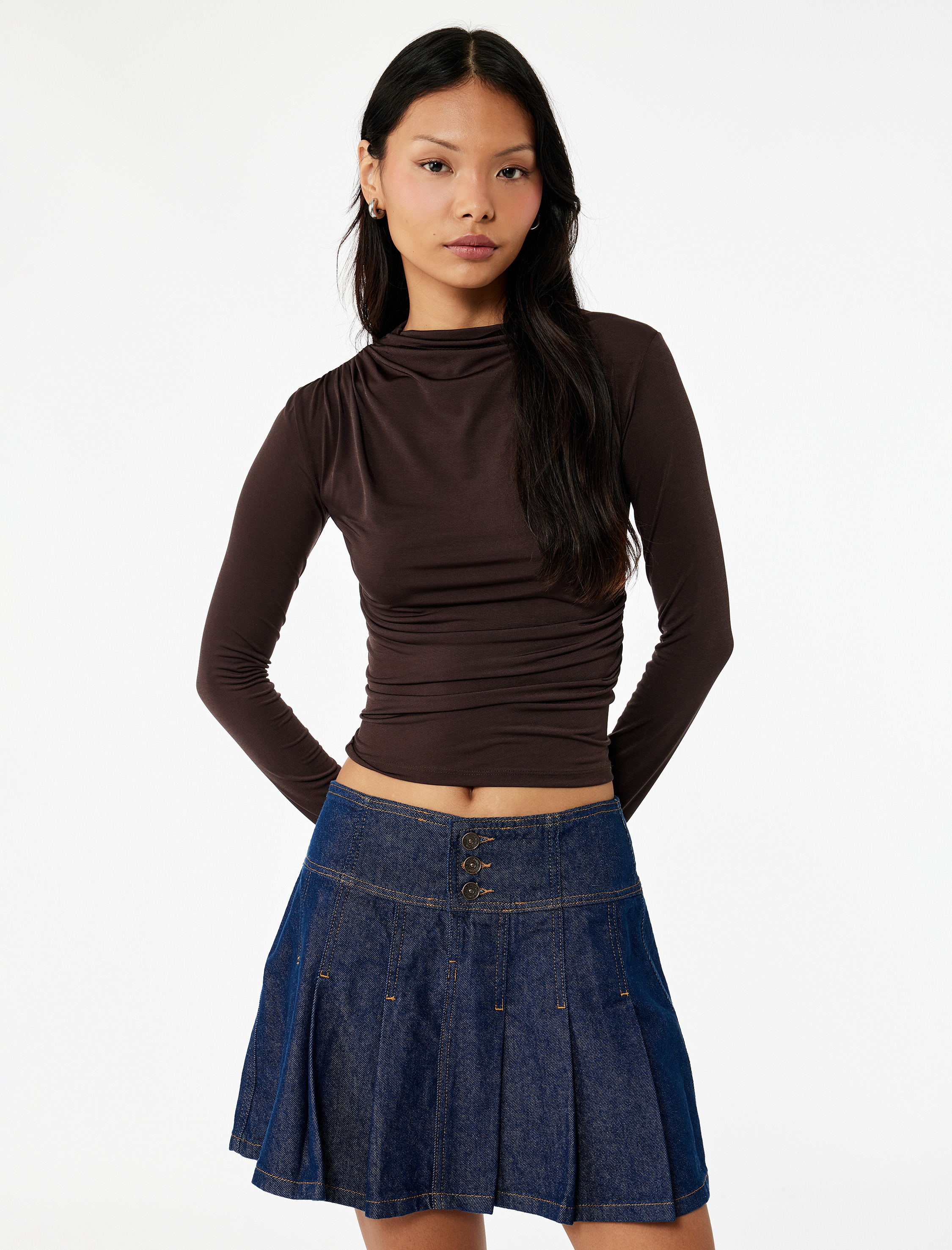   Drape Detaylı Dar Kesim Uzun Kollu Tişört