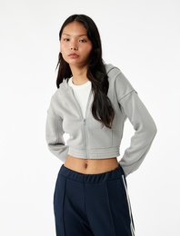 Şardonlu Uzun Kollu Fermuarlı Kapüşonlu Oversize Sweatshirt