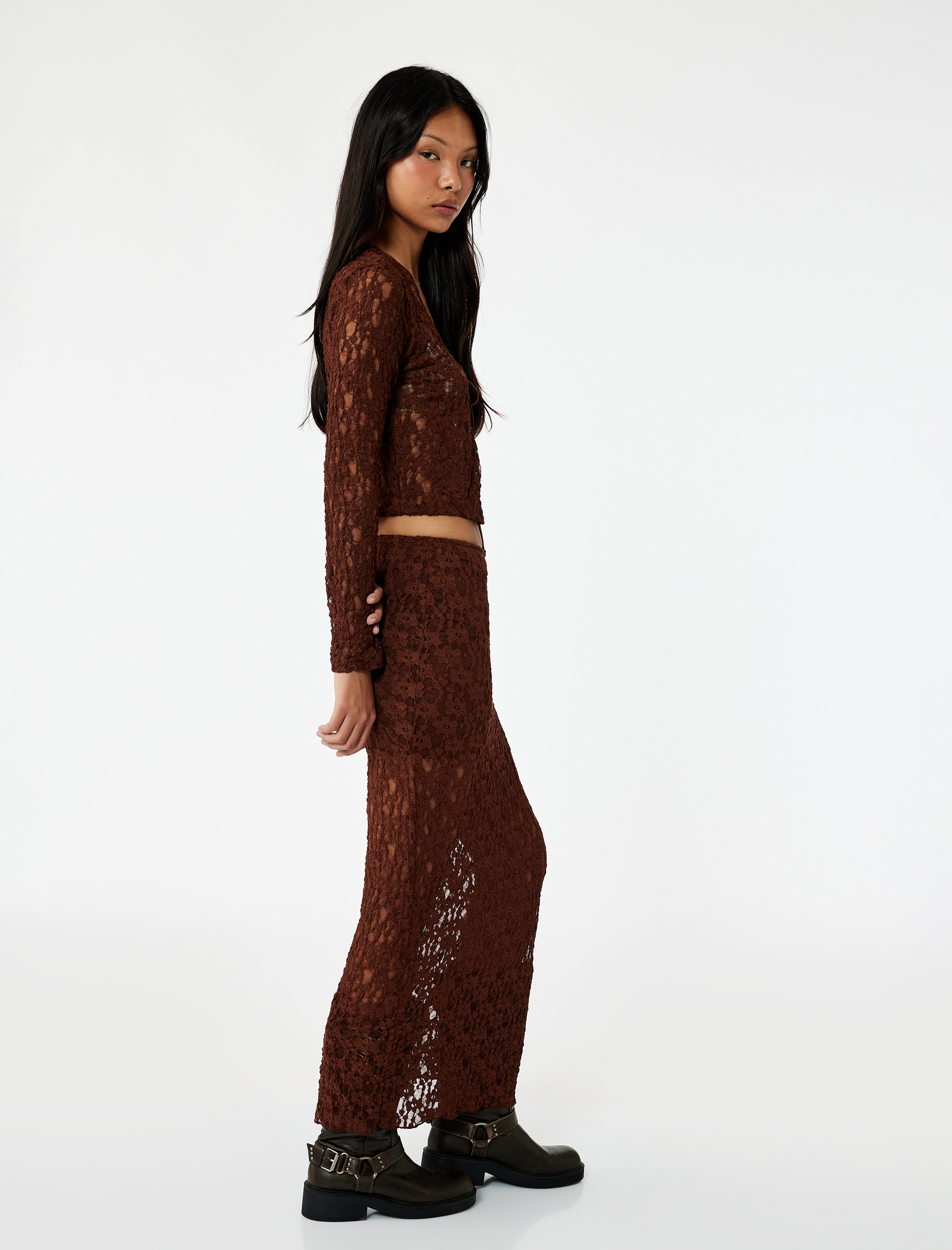 Slim Fit Yüksek Bel Dantel Midi Kalem Etek