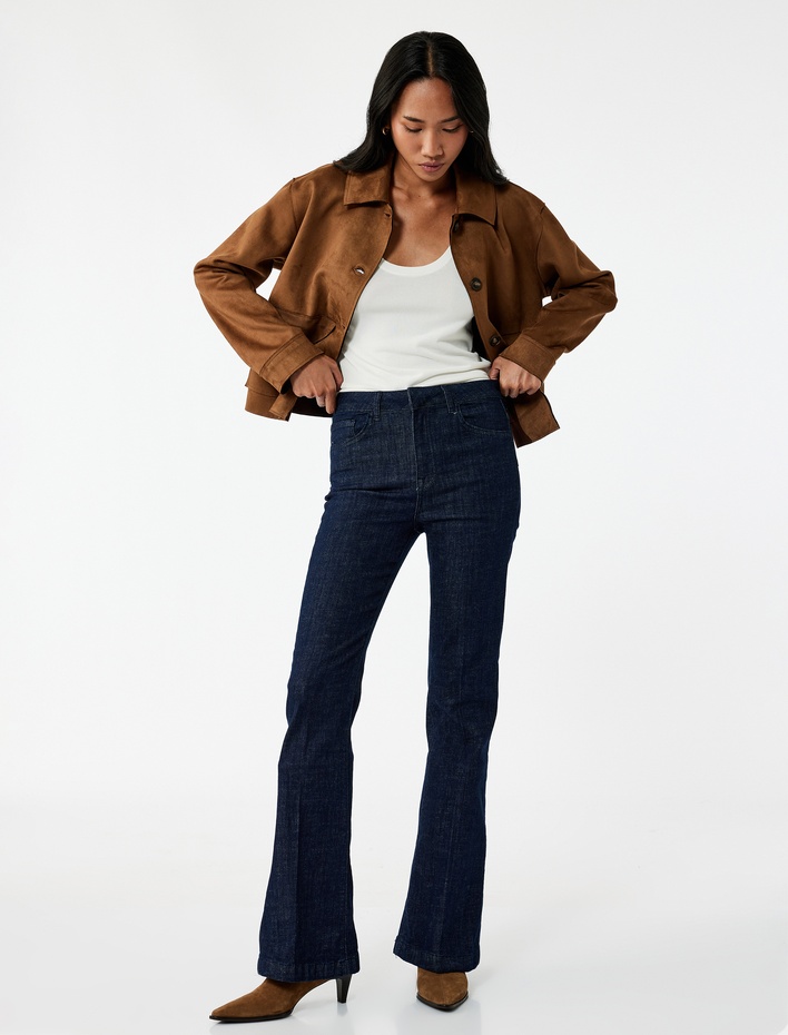  Normal Bel Dar Kalıp Cepli İspanyol Paça Jean Pantolon - Flare Jeans