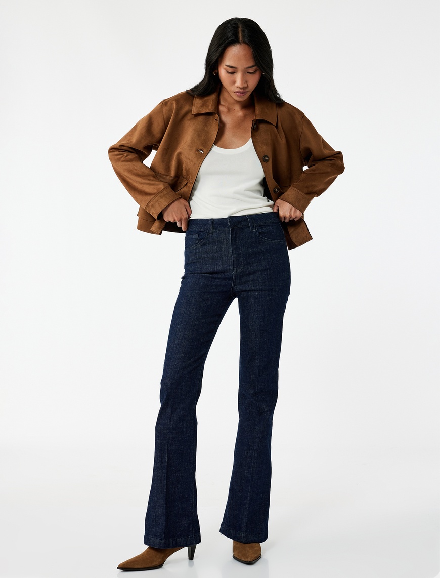   Normal Bel Dar Kalıp Cepli İspanyol Paça Jean Pantolon - Flare Jeans